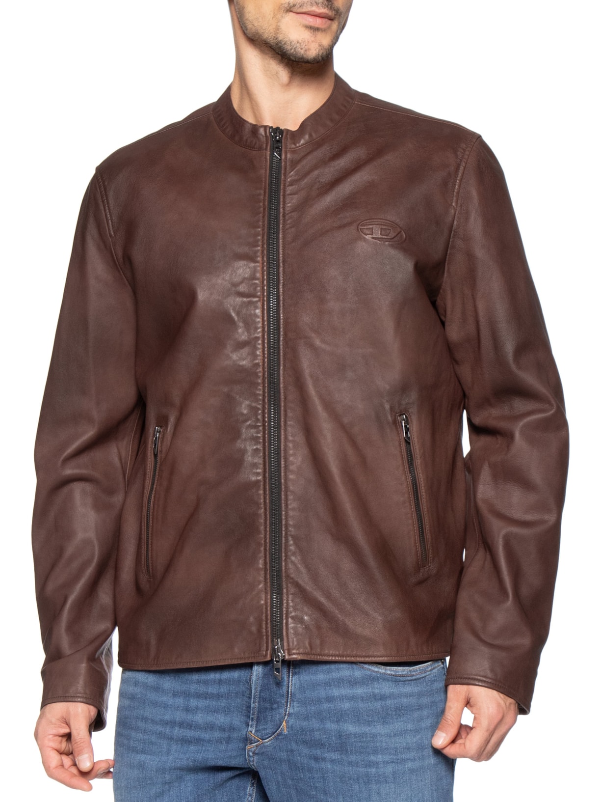 Jaqueta Masculina De Couro Sem Capuz L-Tad-Bkbx Marrom Diesel