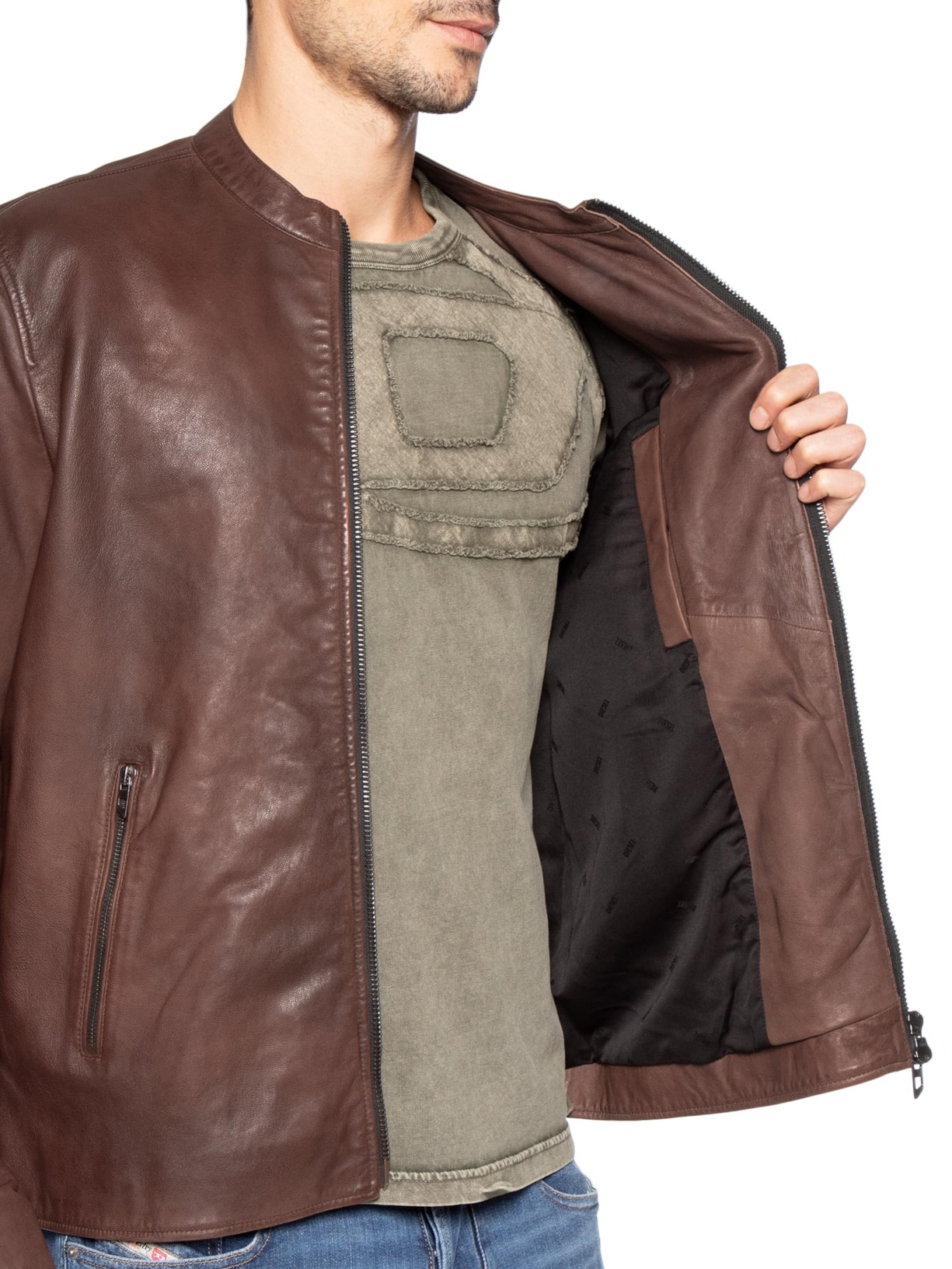 Jaqueta Masculina De Couro Sem Capuz L-Tad-Bkbx Marrom Diesel