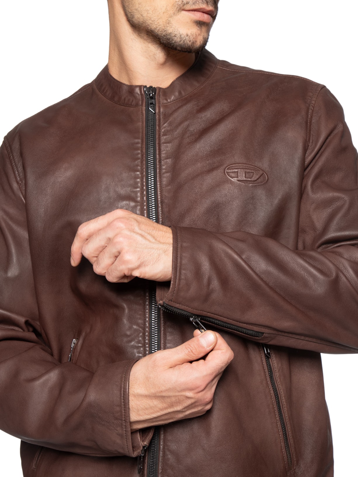 Jaqueta Masculina De Couro Sem Capuz L-Tad-Bkbx Marrom Diesel