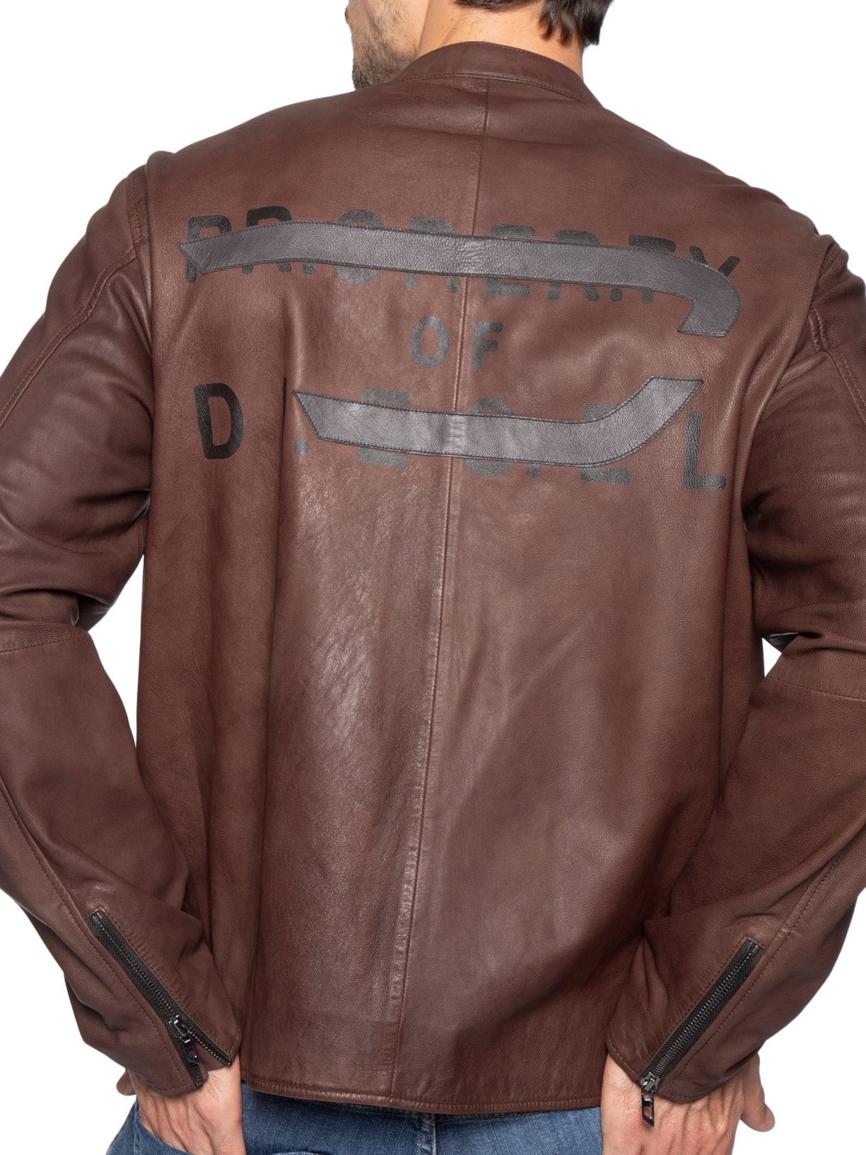 Jaqueta Masculina De Couro Sem Capuz L-Tad-Bkbx Marrom Diesel