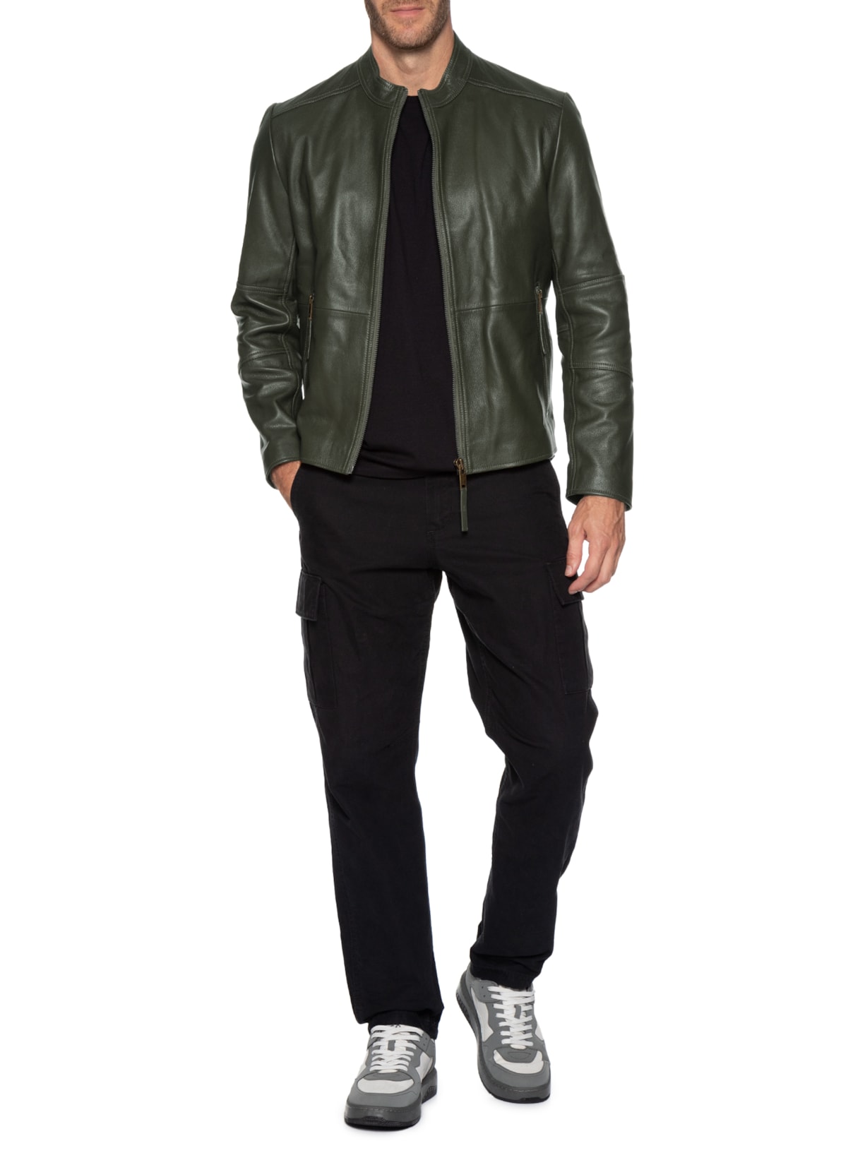 Jaqueta Masculina De Couro Slim-Fit Loki-3 Verde Hugo