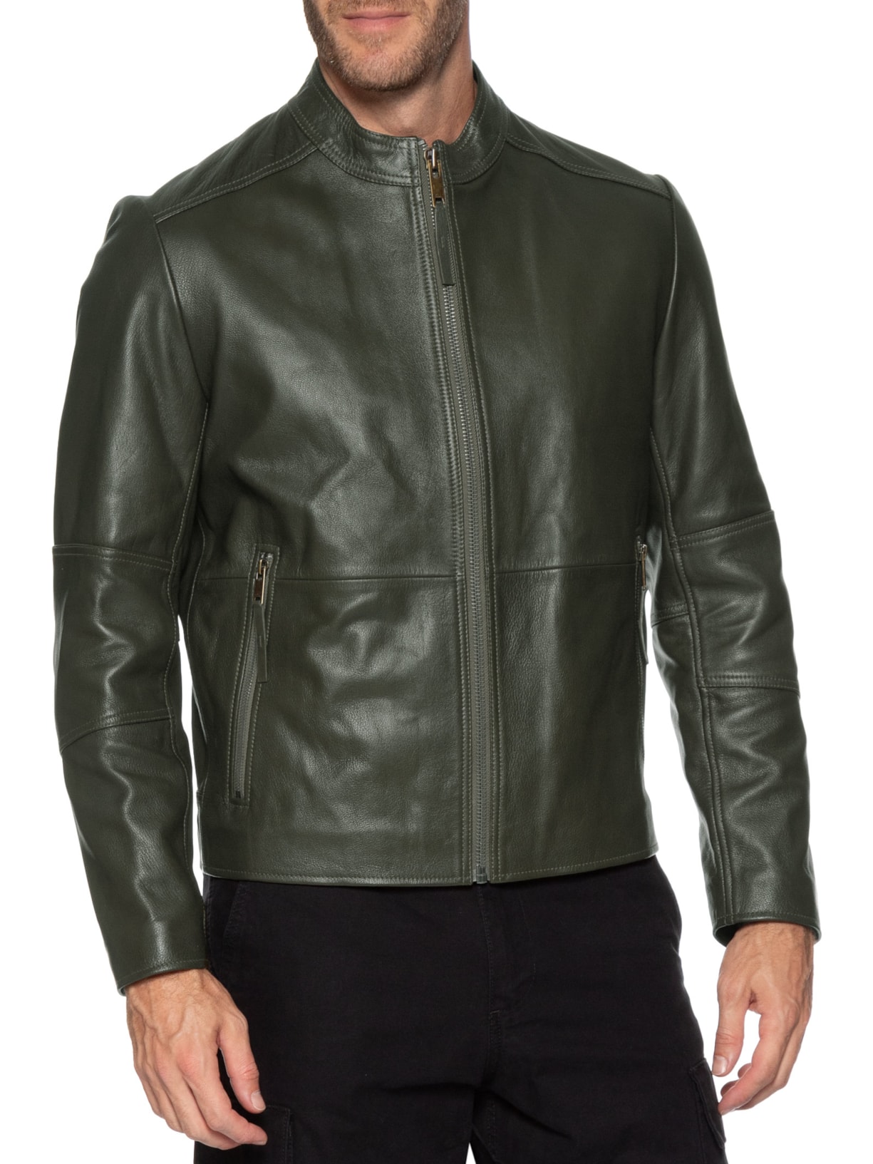 Jaqueta Masculina De Couro Slim-Fit Loki-3 Verde Hugo