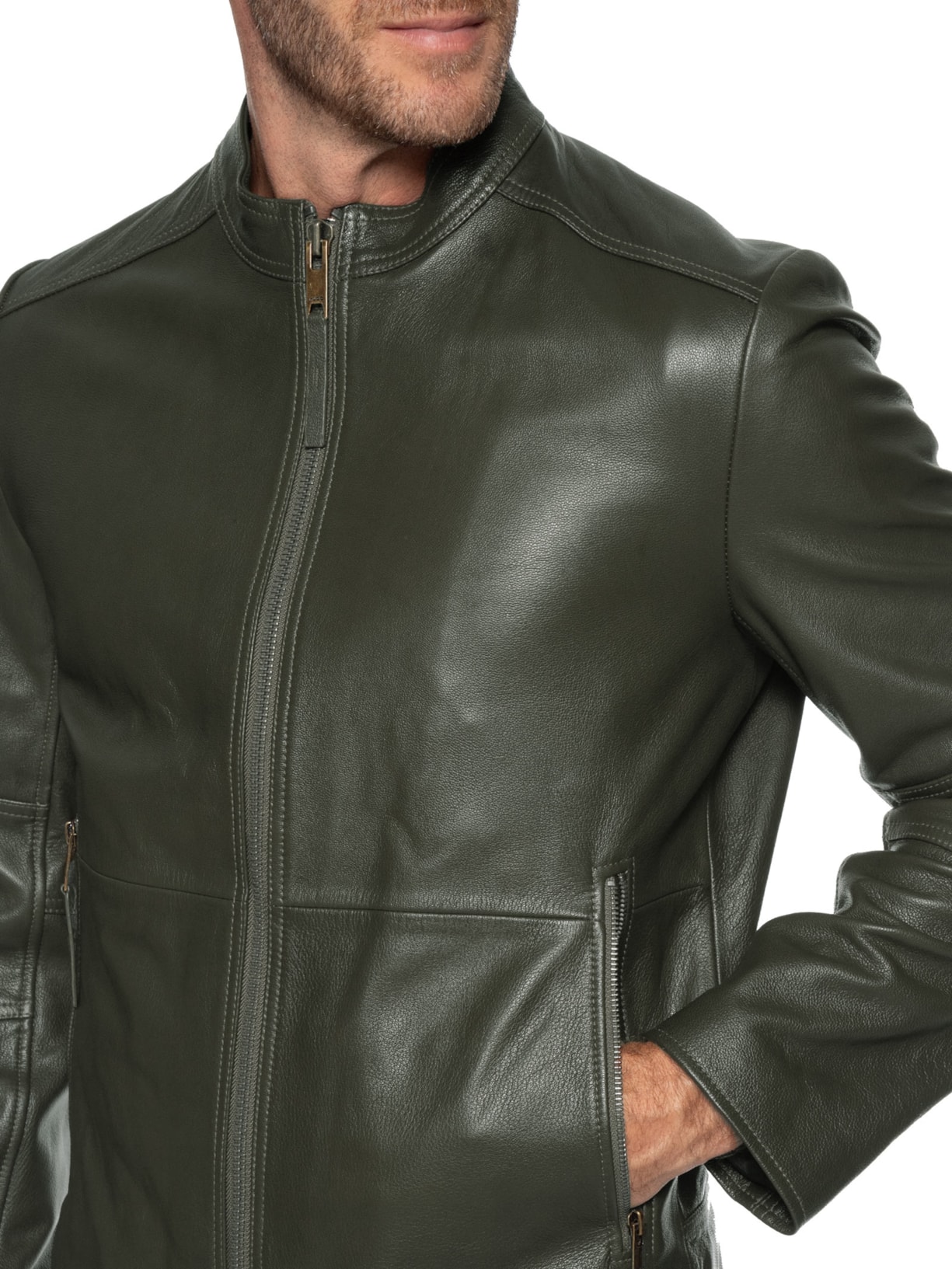 Jaqueta Masculina De Couro Slim-Fit Loki-3 Verde Hugo