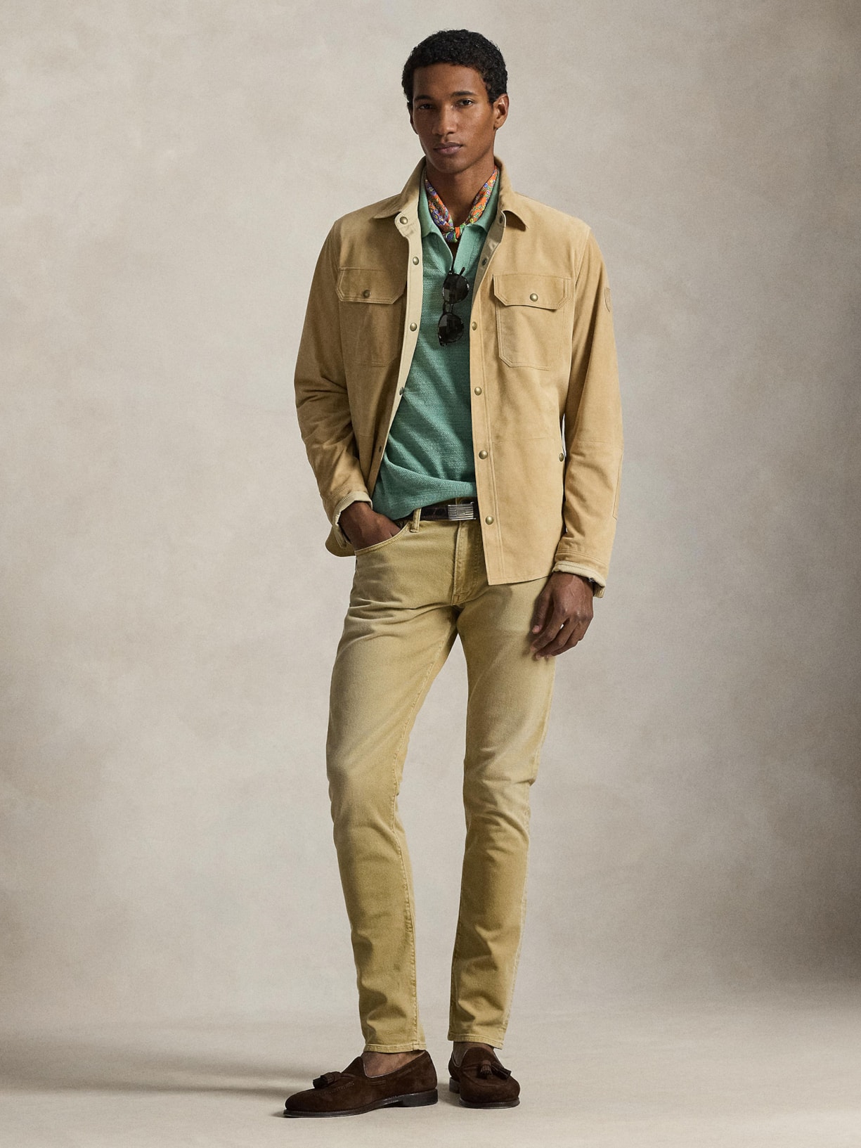 Jaqueta Masculina De Couro Suede Com Bolsos Reversível Bege Polo Ralph Lauren