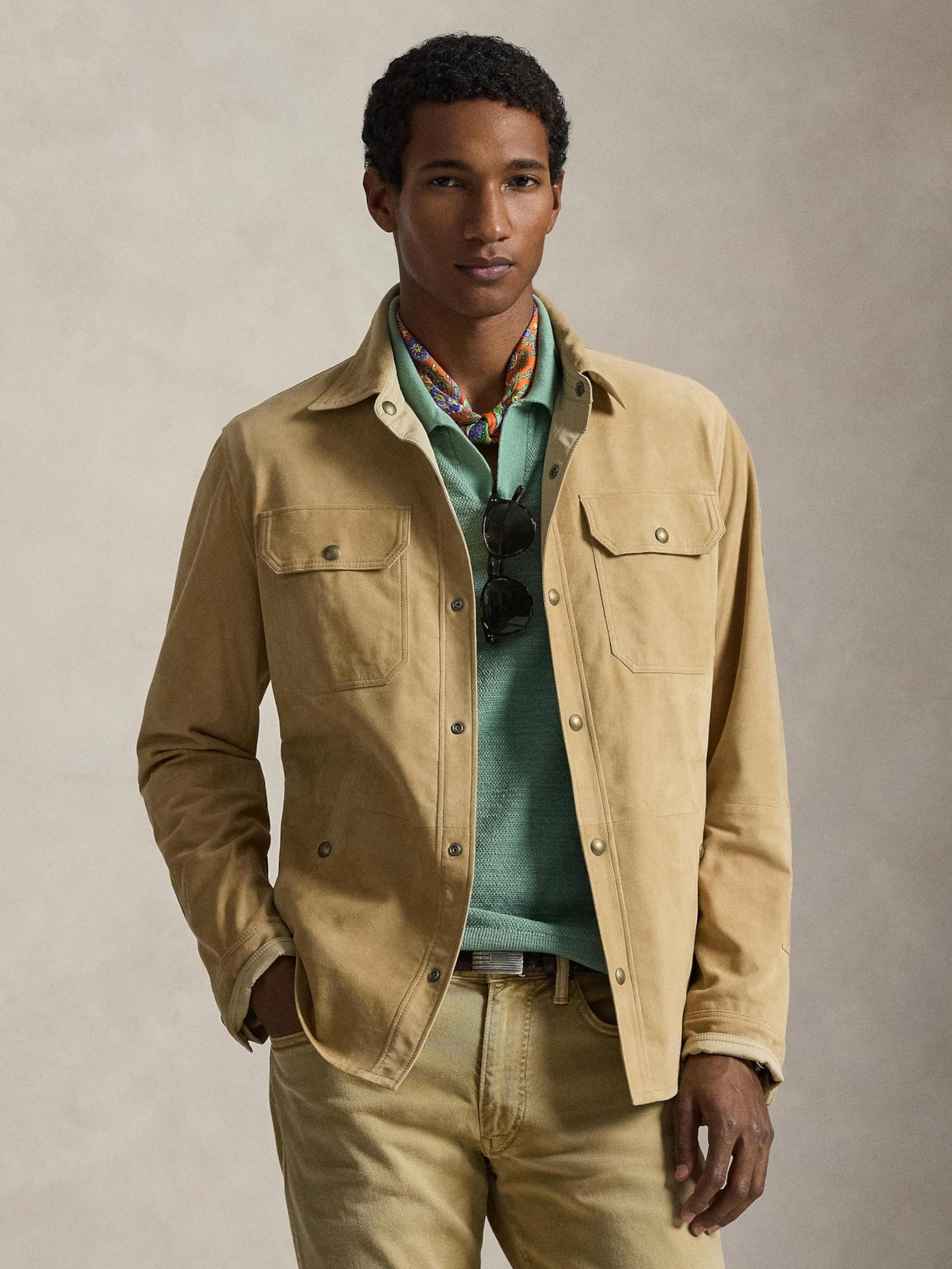 Jaqueta Masculina De Couro Suede Com Bolsos Reversível Bege Polo Ralph Lauren