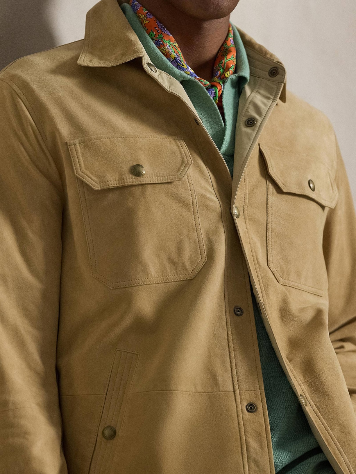 Jaqueta Masculina De Couro Suede Com Bolsos Reversível Bege Polo Ralph Lauren
