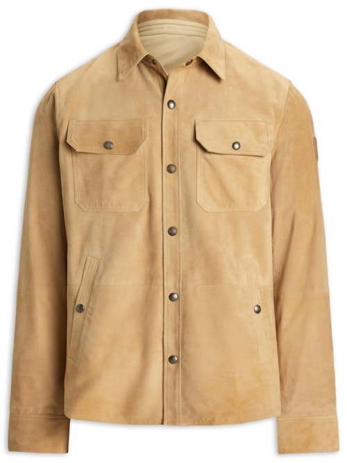 Jaqueta Masculina De Couro Suede Com Bolsos Reversível - Bege
