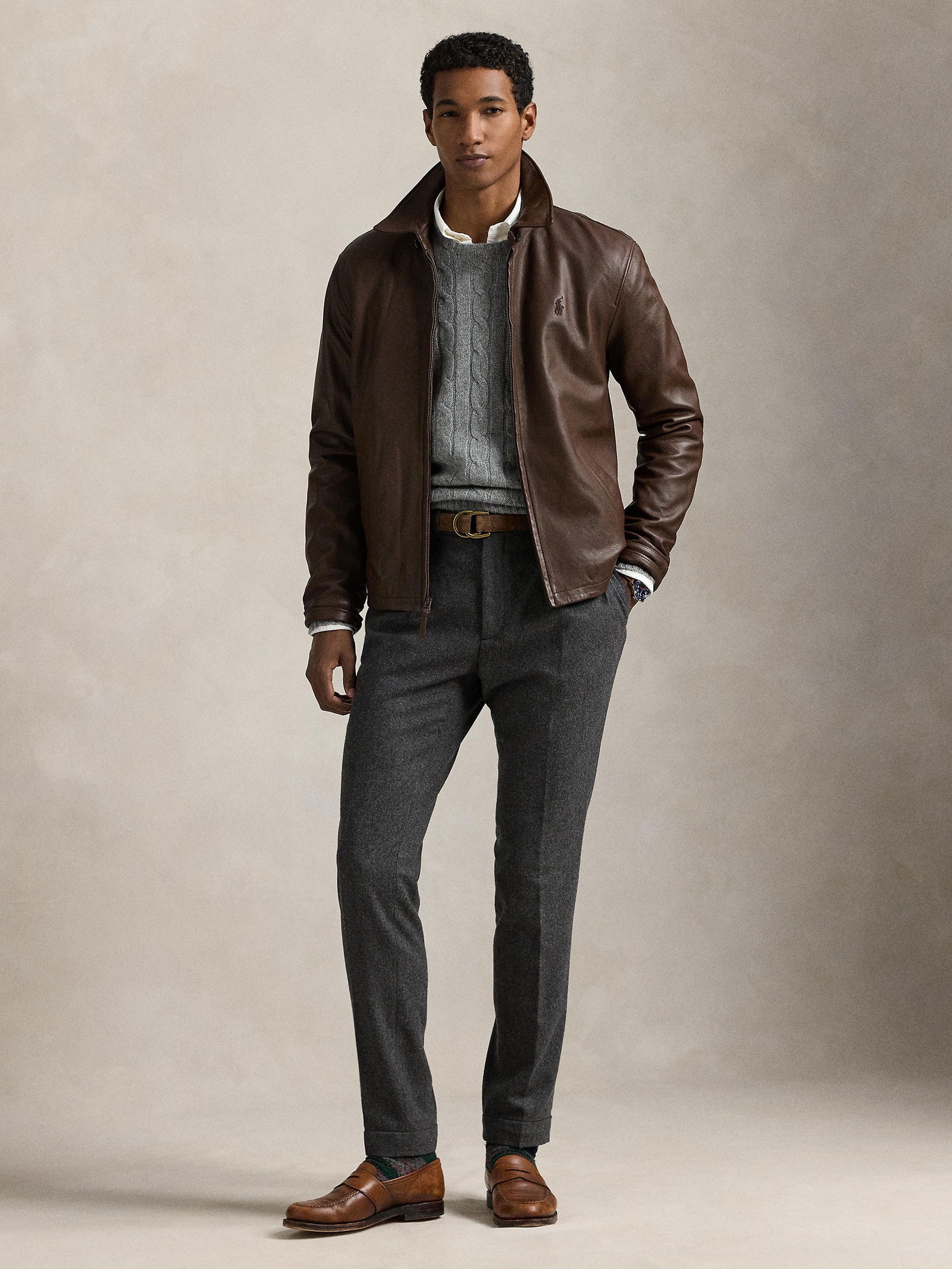 Jaqueta Masculina De Couro Windbreaker - Marrom - Polo Ralph Lauren.