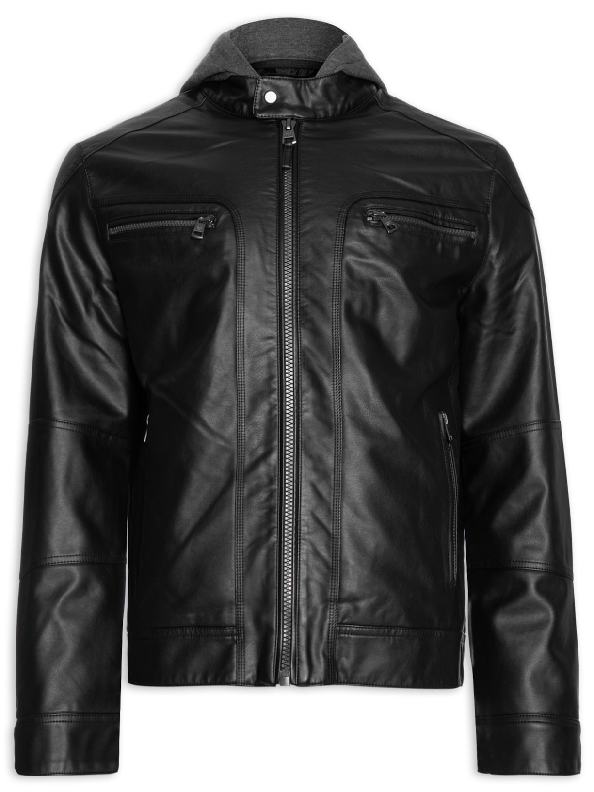 Jaqueta Masculina Em PU Com Capuz - Preto