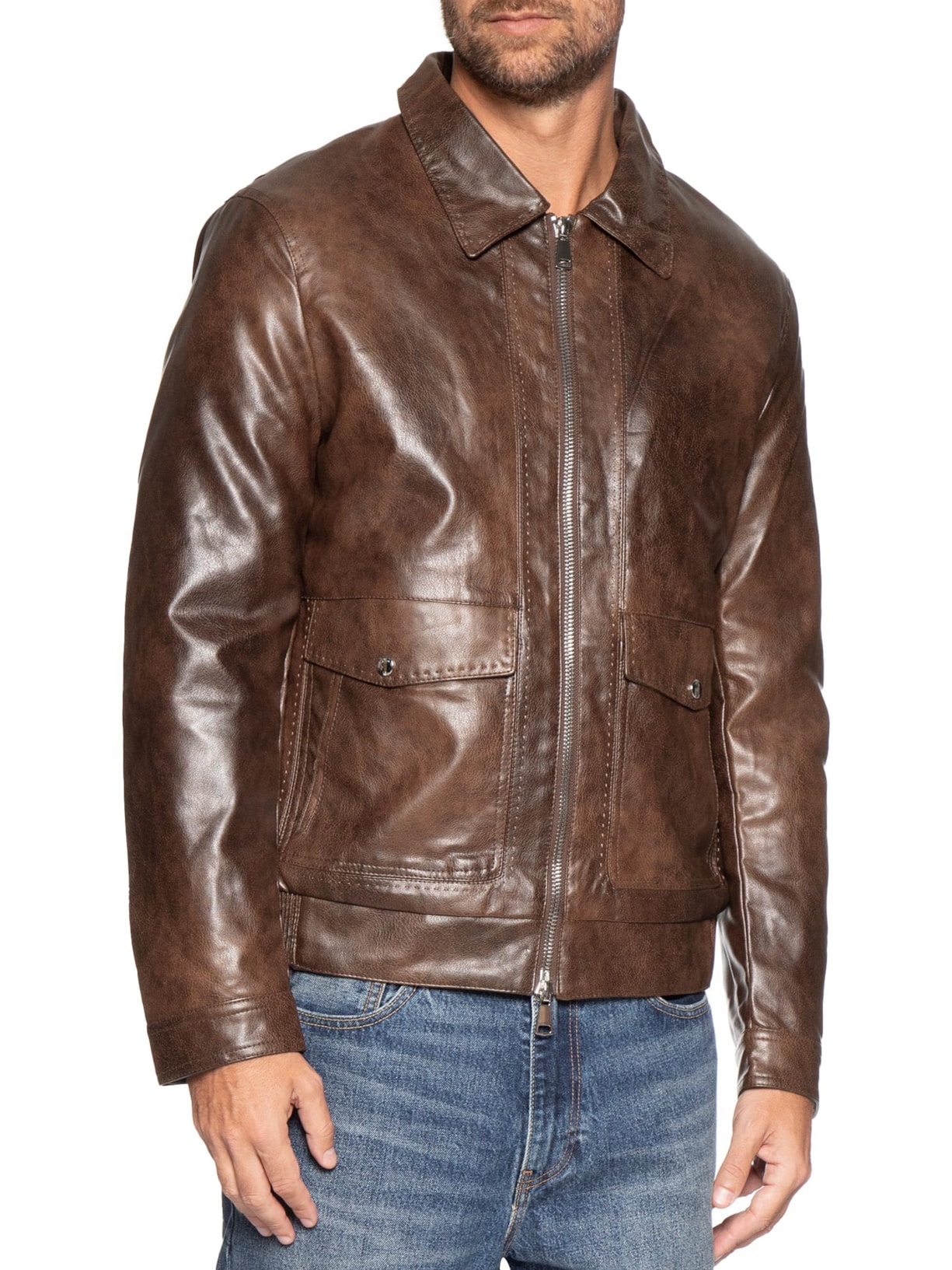 Jaqueta Masculina PU Com Zíper E Bolso Frontal Marrom Basiq Men