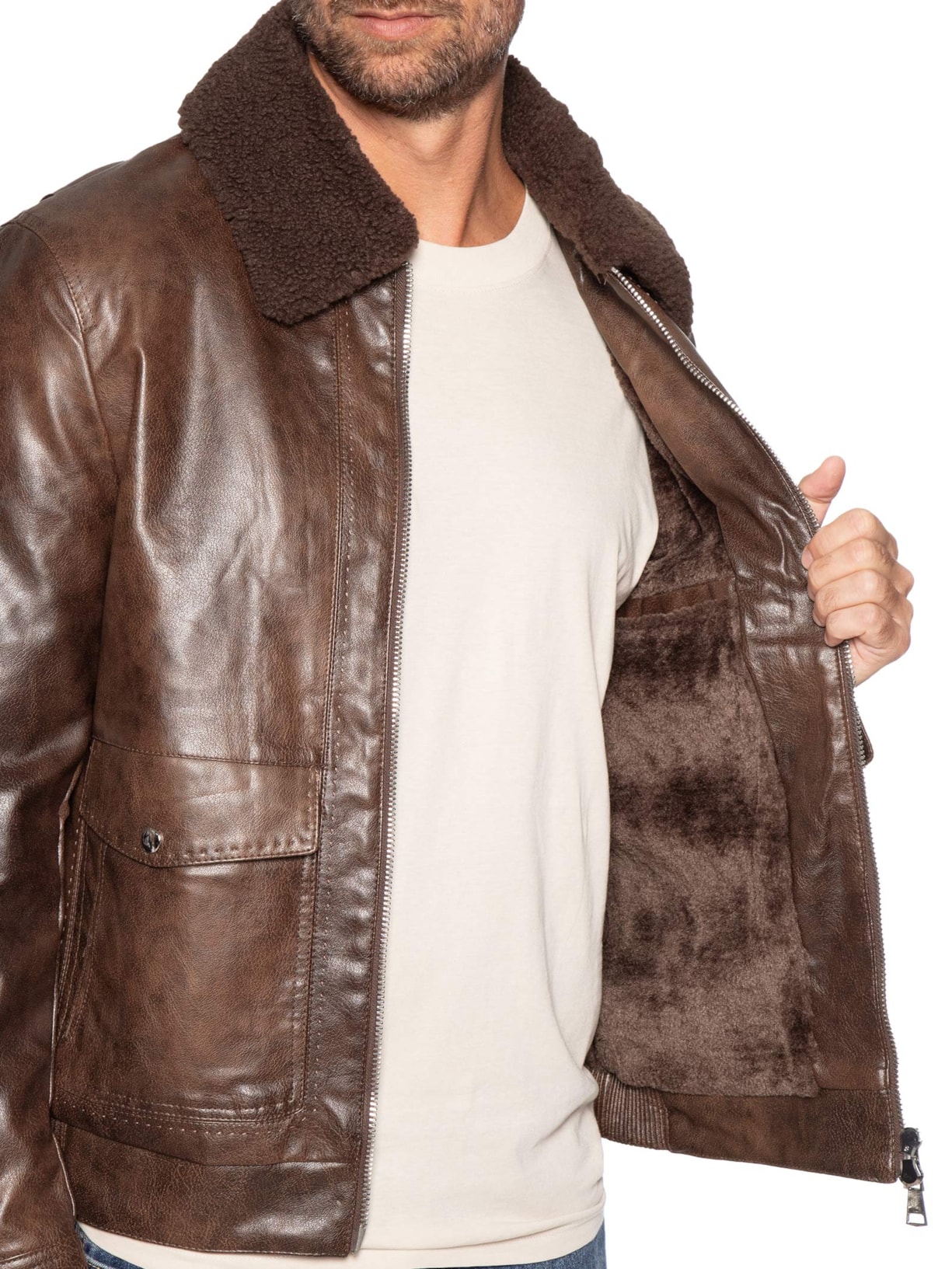 Jaqueta Masculina PU Com Zíper E Bolso Frontal Marrom Basiq Men