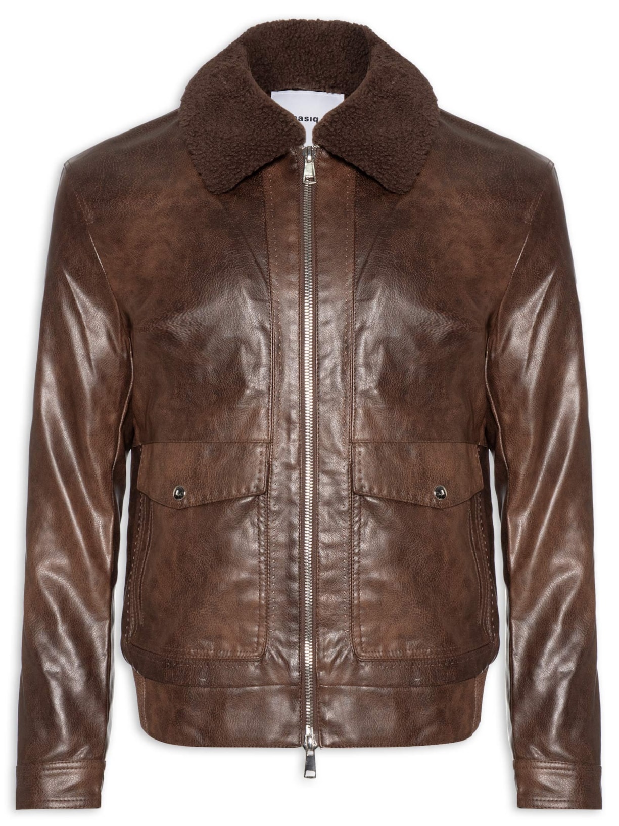 Jaqueta Masculina PU Com Zíper E Bolso Frontal - Marrom