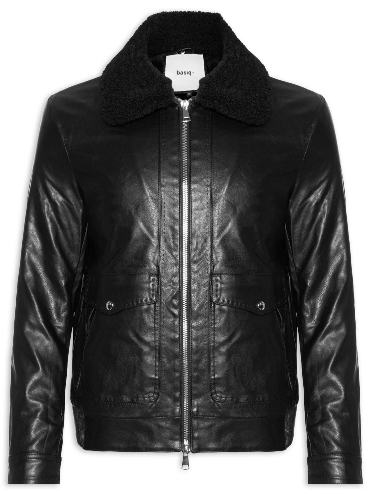 Jaqueta Masculina PU Com Zíper E Bolso Frontal - Preto