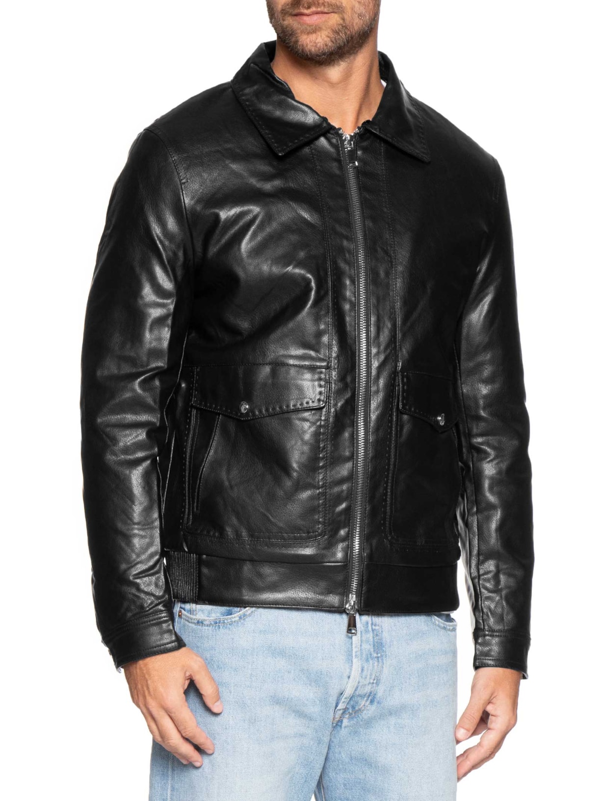 Jaqueta Masculina PU Com Zíper E Bolso Frontal Preto Basiq Men