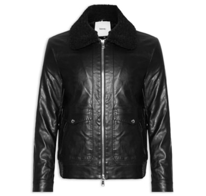 Jaqueta Masculina PU Com Zíper E Bolso Frontal - Preto