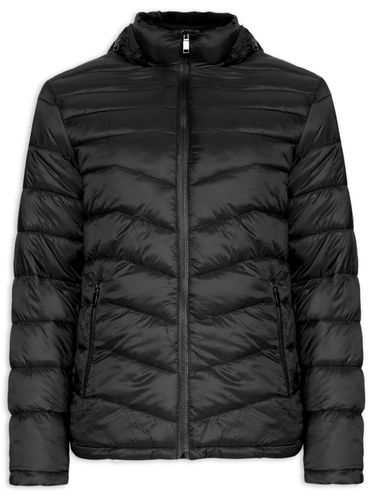 Jaqueta Masculina Puffer Básica Com Gorro - Preto