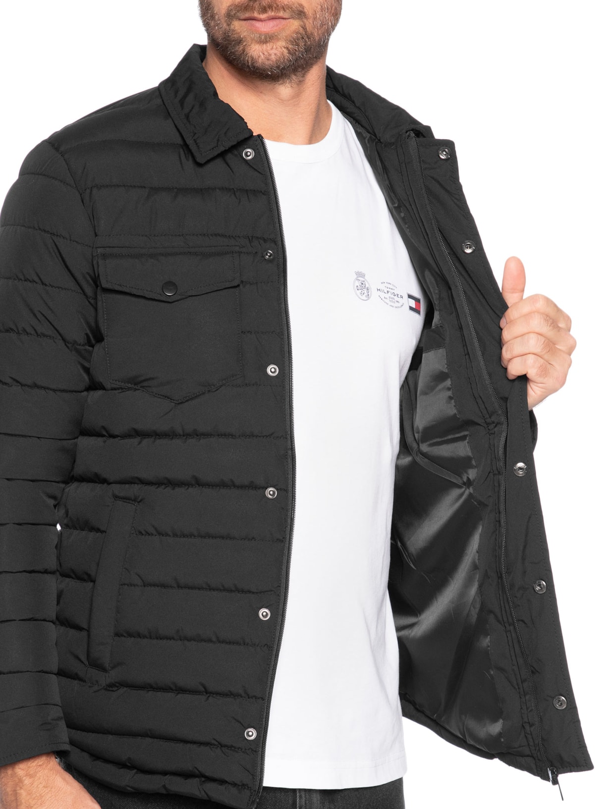 Jaqueta Masculina Puffer Com Bolso Preto Basiq Men