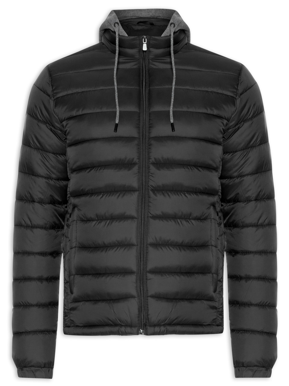 Jaqueta Masculina Puffer com Capuz de Moletom Removível - Preto