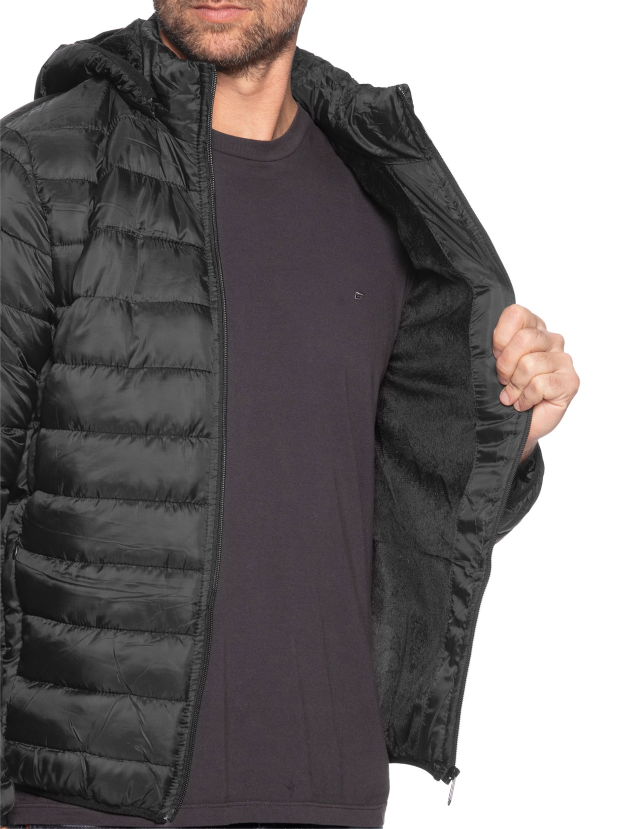 Jaqueta Masculina Puffer Com Capuz Nylon Preto Basiq Men
