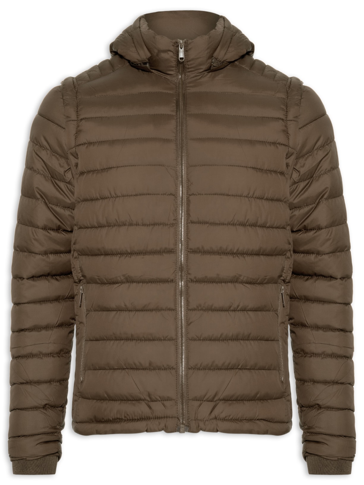 Jaqueta Masculina Puffer Com Capuz Nylon Vira Colete - Marrom