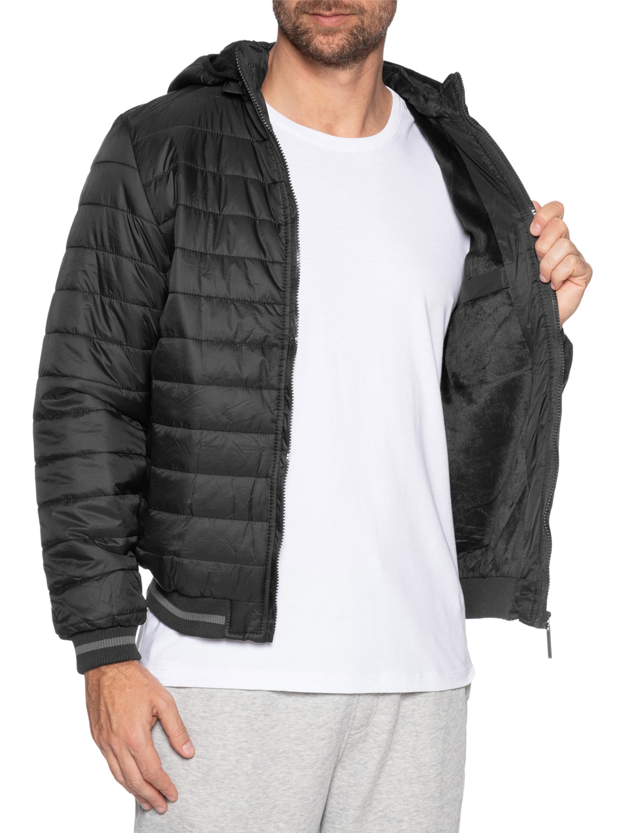 Jaqueta Masculina Puffer Com Capuz Removível Preto '2 Essential