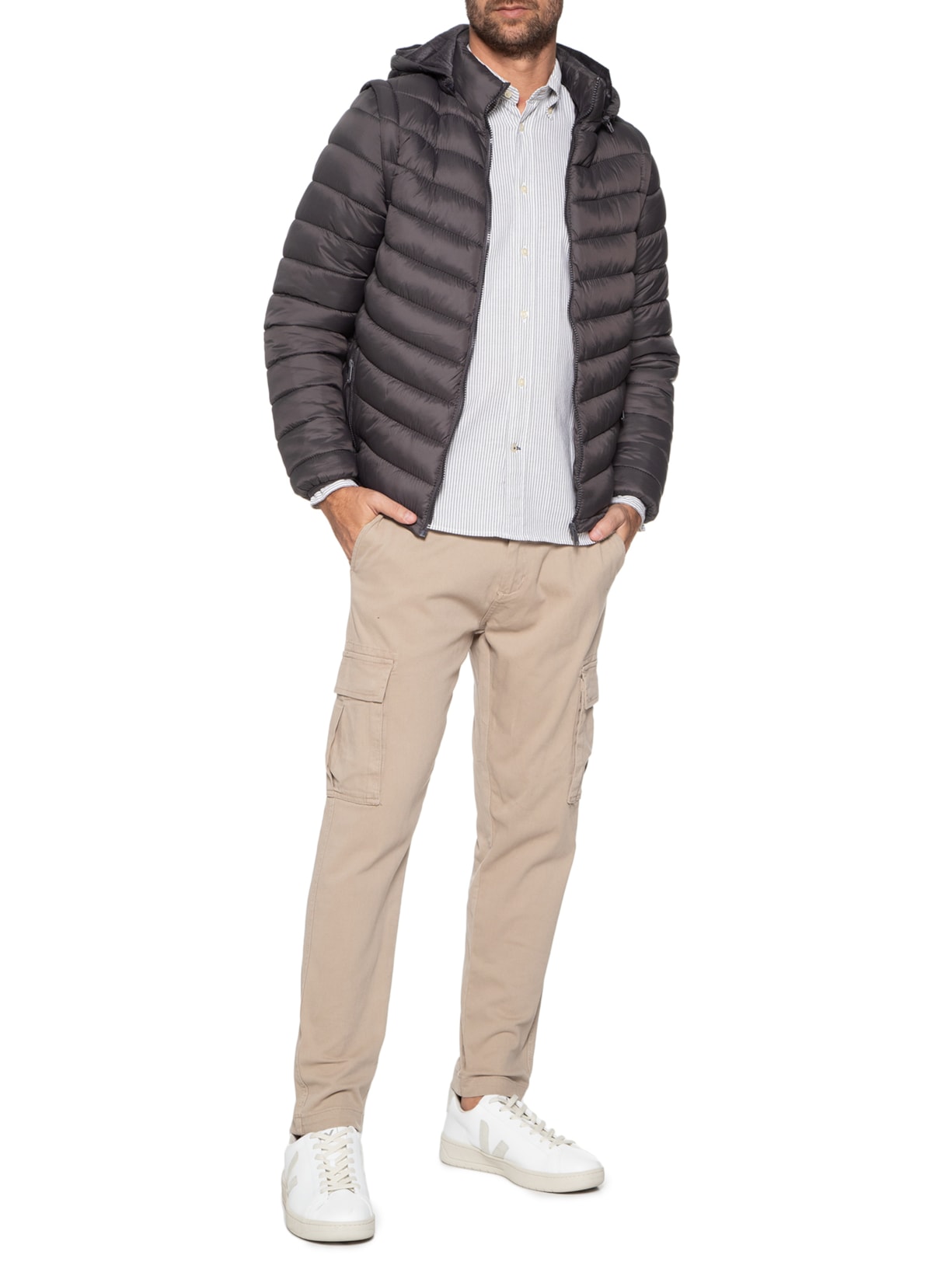 Jaqueta Masculina Puffer Com Manga Removível Cinza Basiq Men