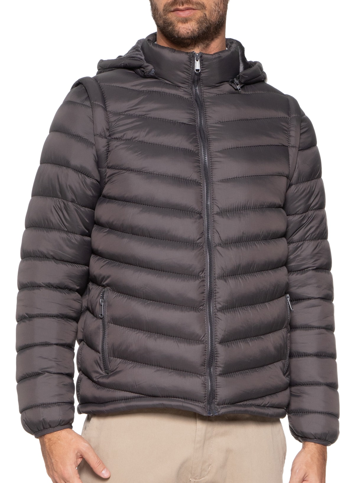 Jaqueta Masculina Puffer Com Manga Removível Cinza Basiq Men