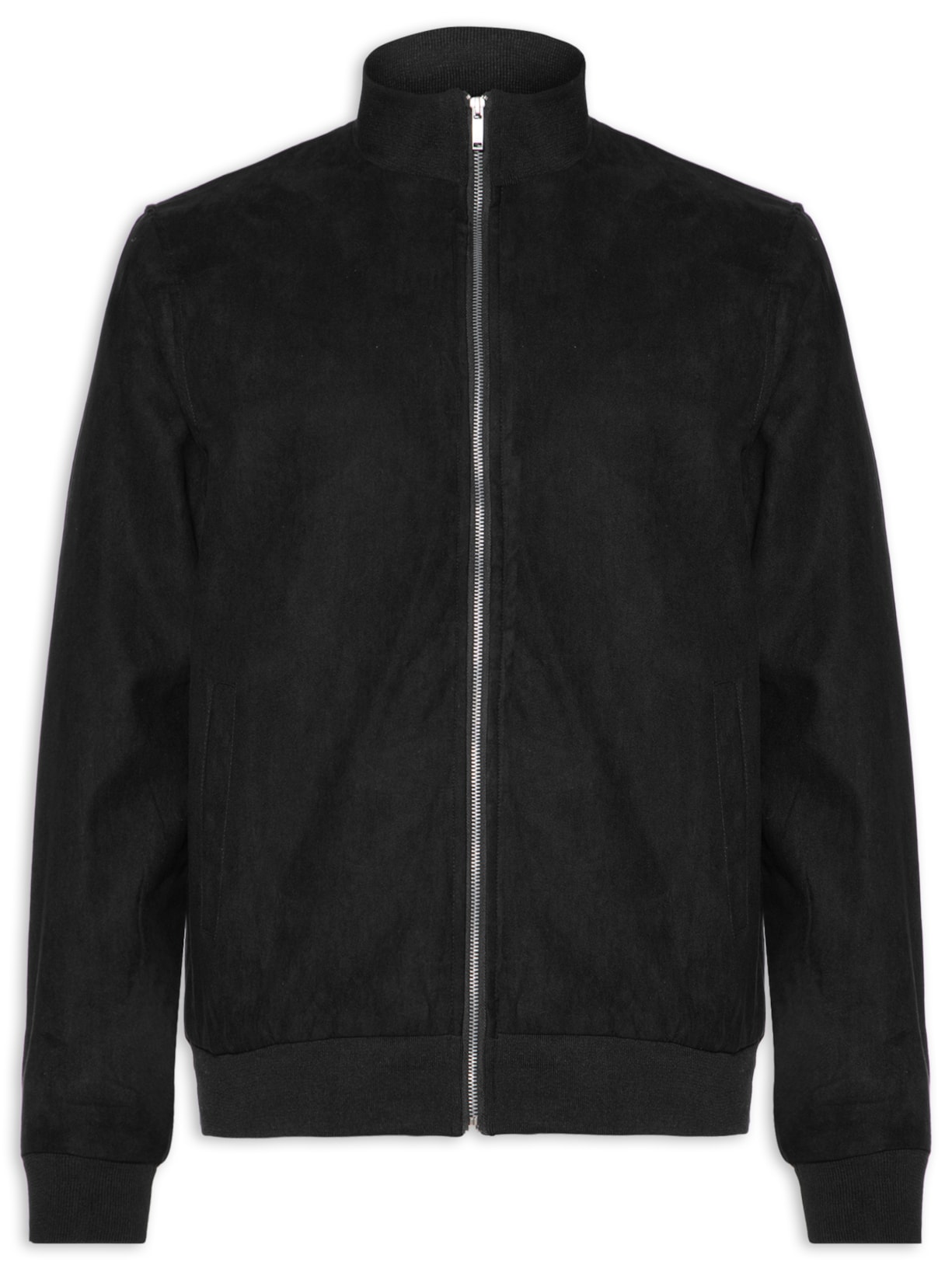 Jaqueta Masculina Suede Com Gola E Punhos Retilíneos - Preto