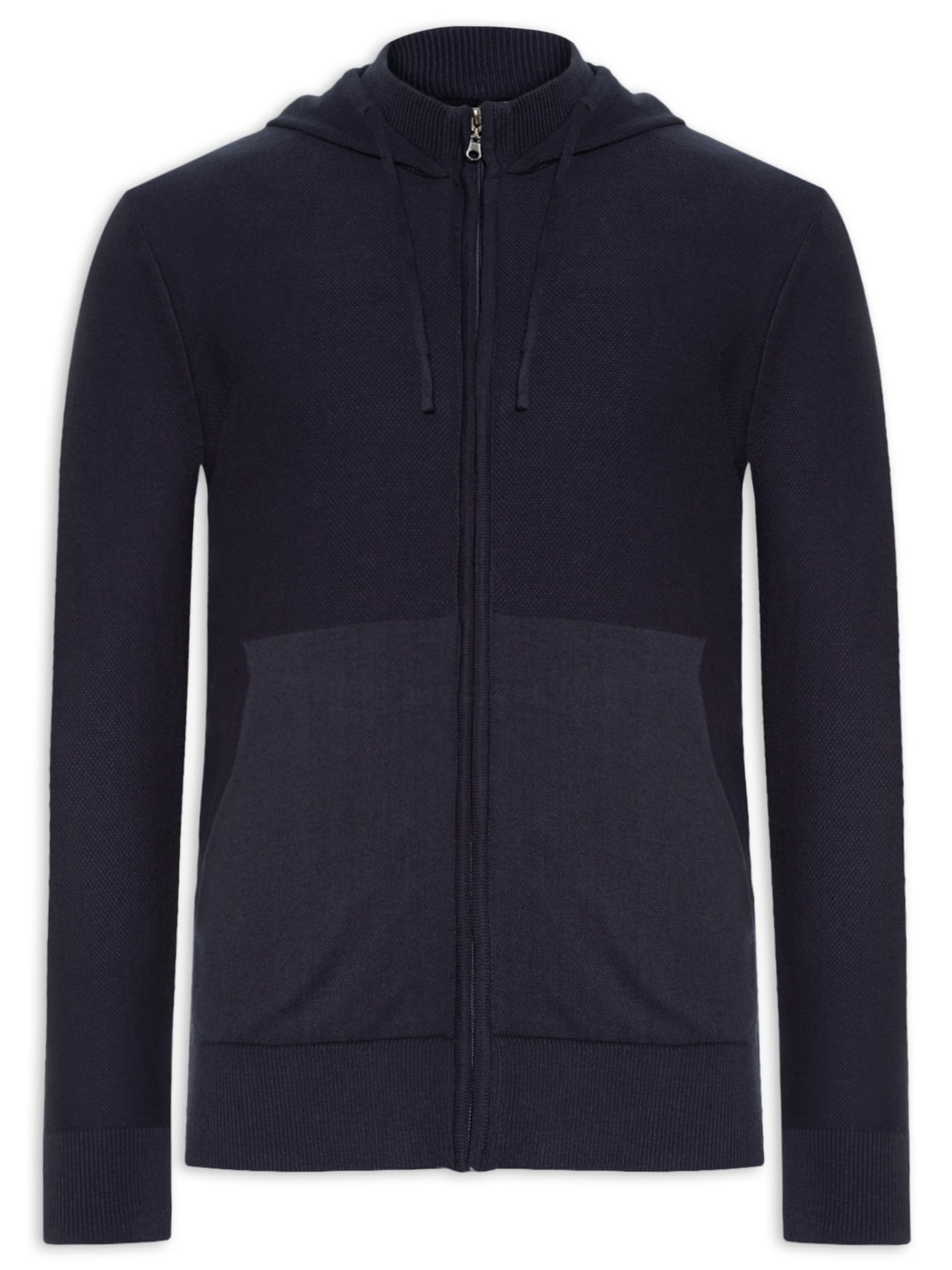 Jaqueta Masculina Tricot Capuz Manga Longa Aberto com Zíper - Azul