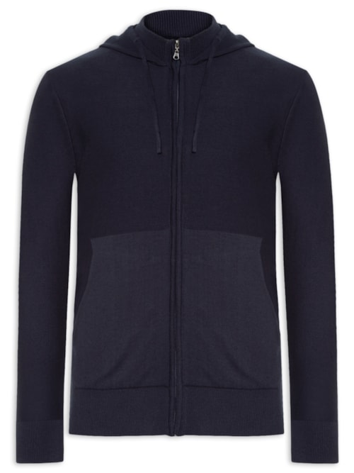 Jaqueta Masculina Tricot Capuz Manga Longa Aberto com Zíper - Azul
