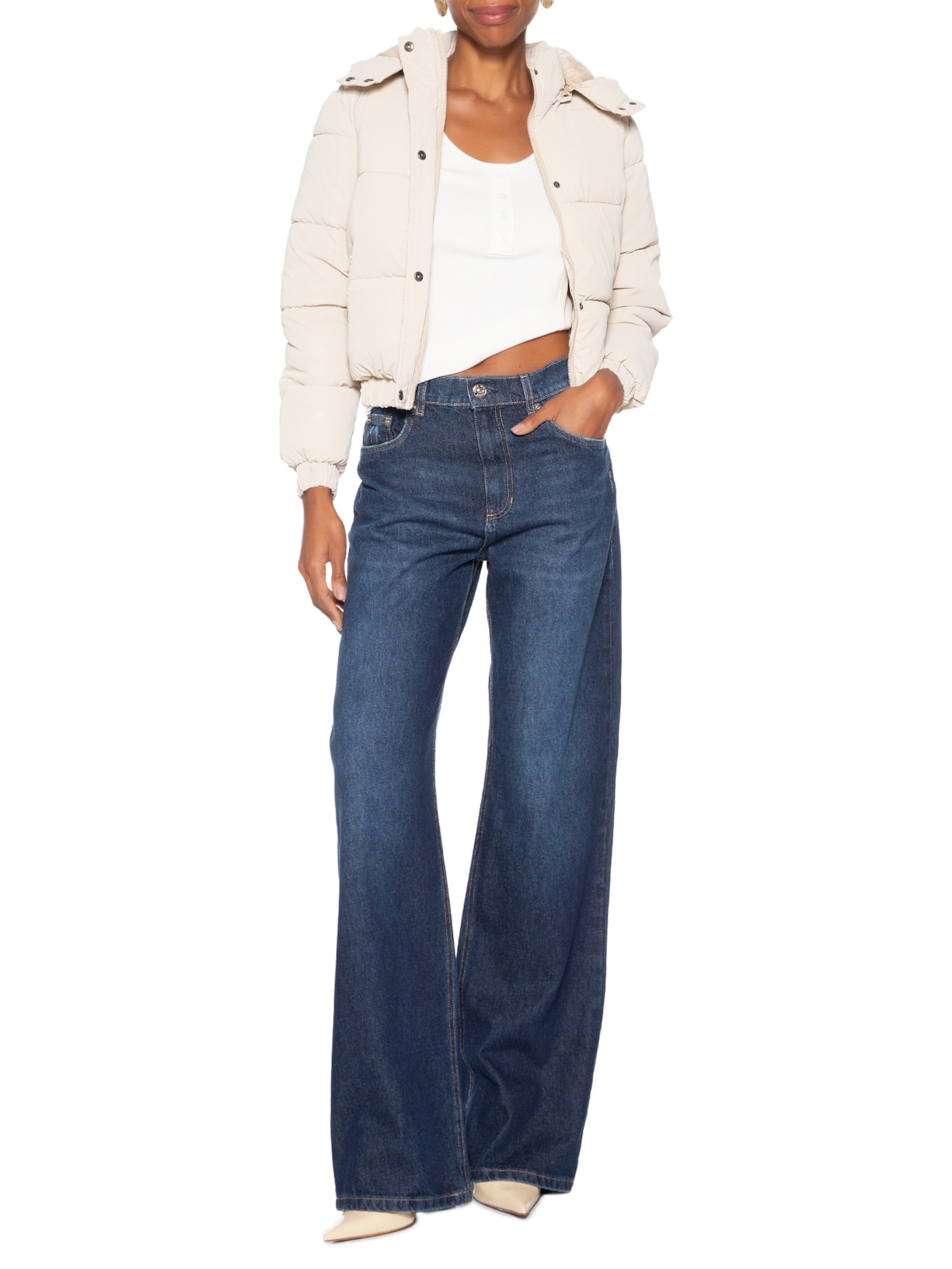 Jaqueta Puffer Feminina Com Capuz Removível Bege Market 33