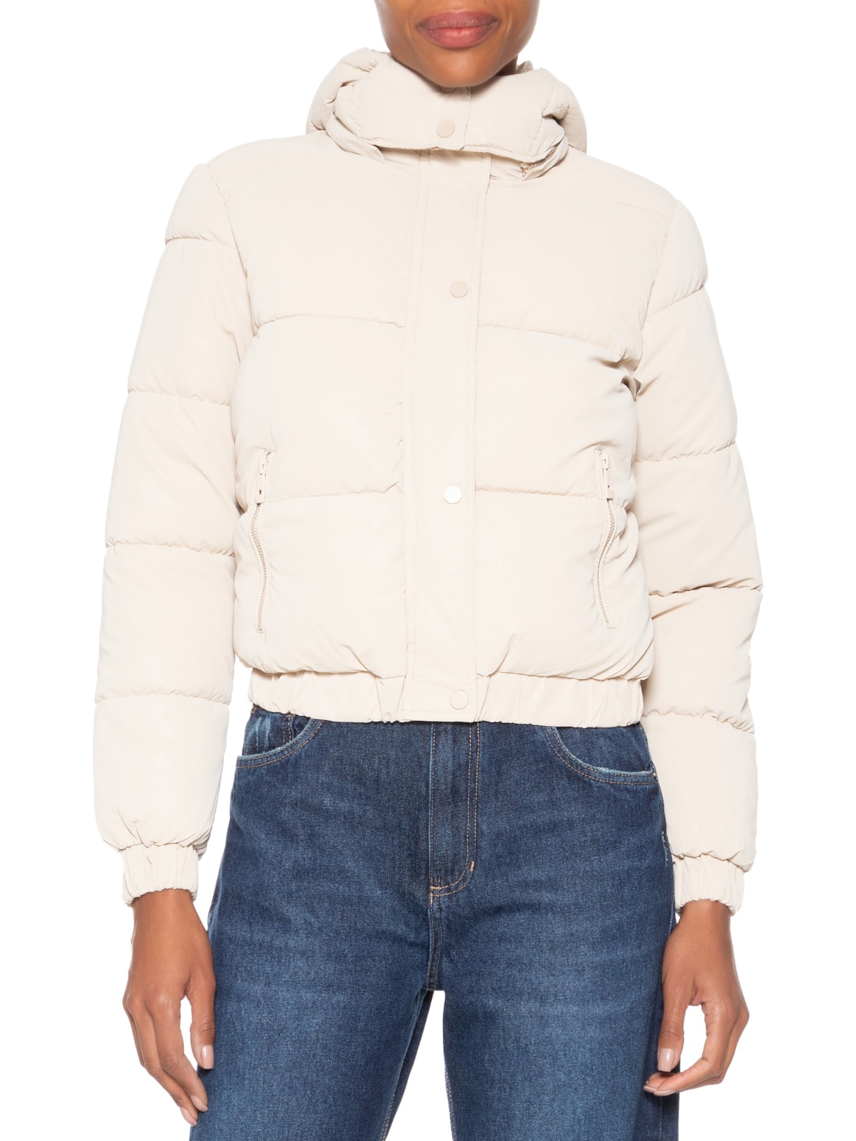 Jaqueta Puffer Feminina Com Capuz Removível Bege Market 33