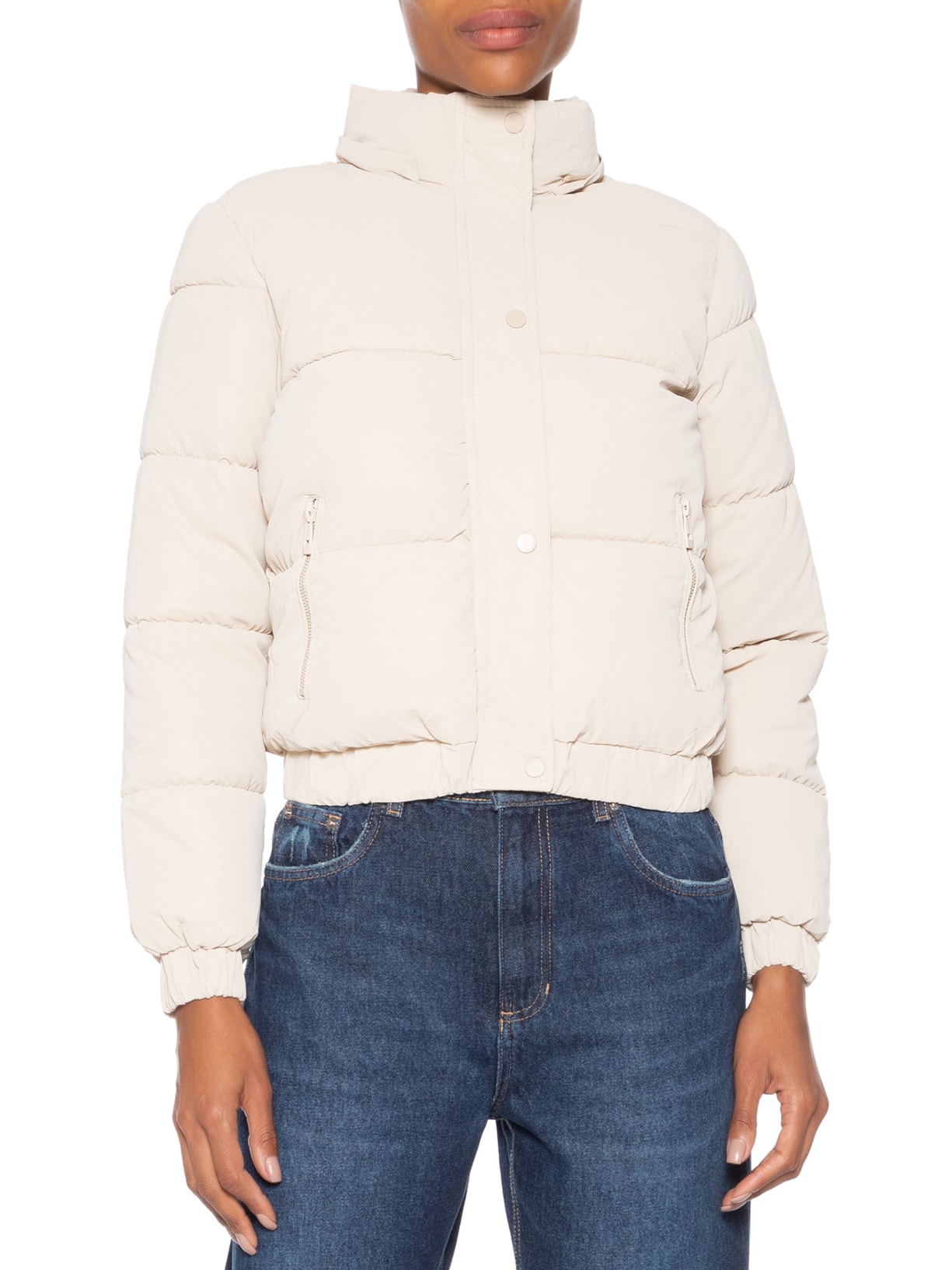 Jaqueta Puffer Feminina Com Capuz Removível Bege Market 33