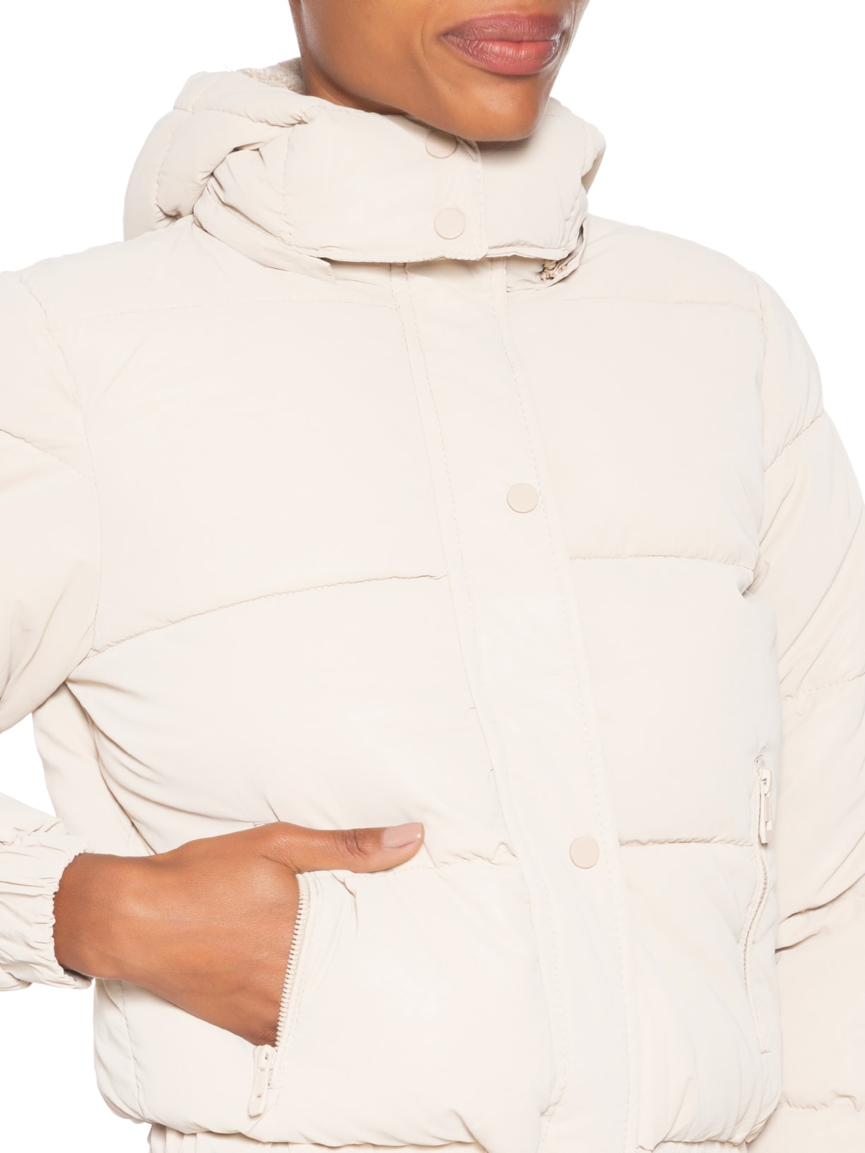 Jaqueta Puffer Feminina Com Capuz Removível Bege Market 33