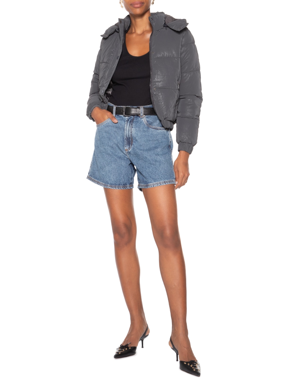 Jaqueta Puffer Feminina Com Capuz Removível Cinza Market 33