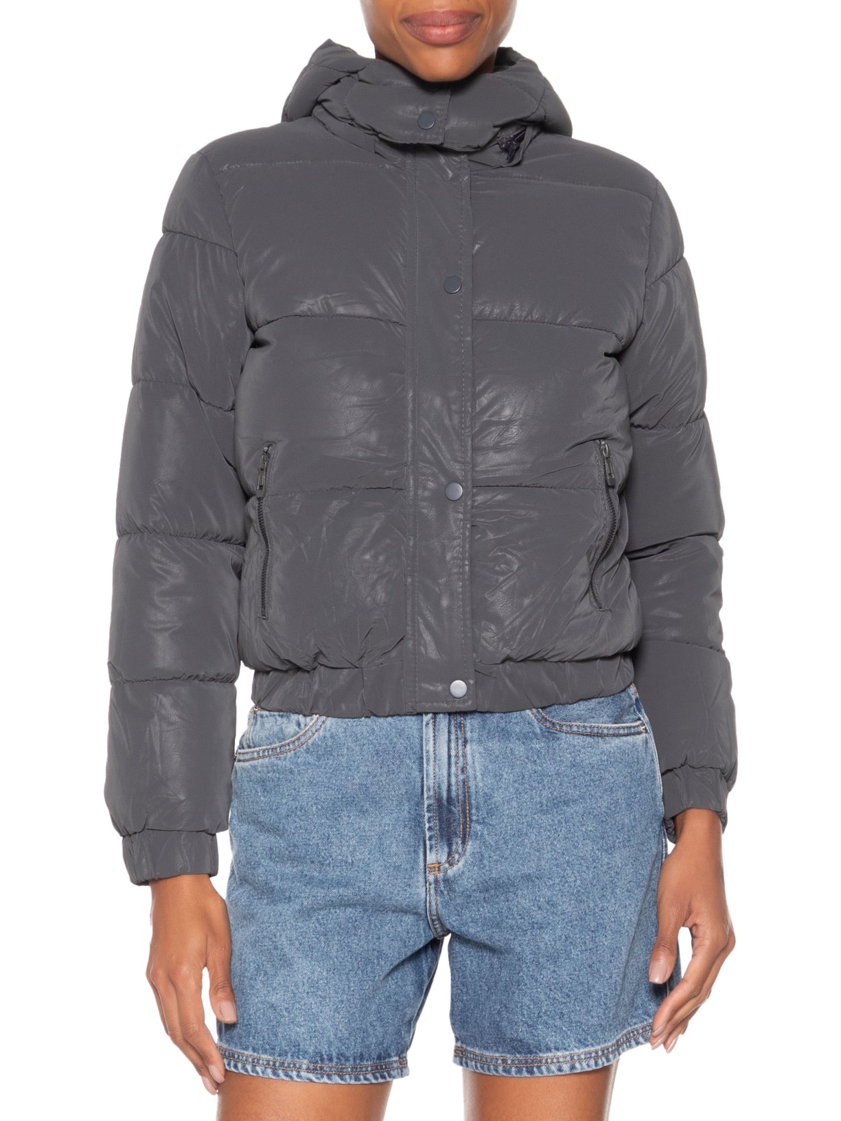 Jaqueta Puffer Feminina Com Capuz Removível Cinza Market 33