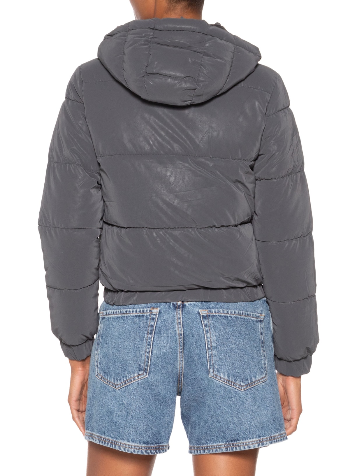 Jaqueta Puffer Feminina Com Capuz Removível Cinza Market 33