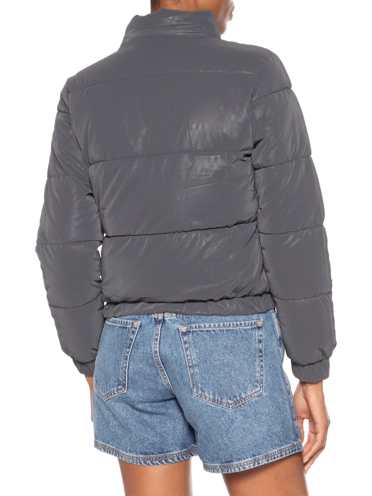 Jaqueta Puffer Feminina Com Capuz Removível Cinza Market 33