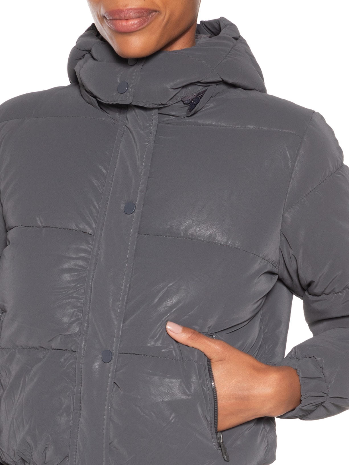 Jaqueta Puffer Feminina Com Capuz Removível Cinza Market 33
