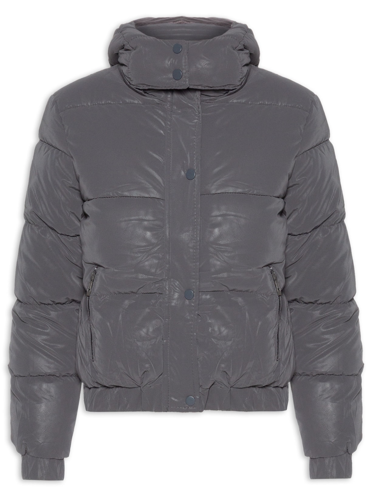 Jaqueta Puffer Feminina Com Capuz Removível - Cinza