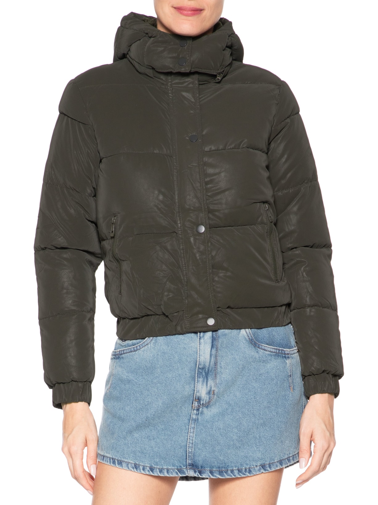 Jaqueta Puffer Feminina Com Capuz Removível Verde Market 33