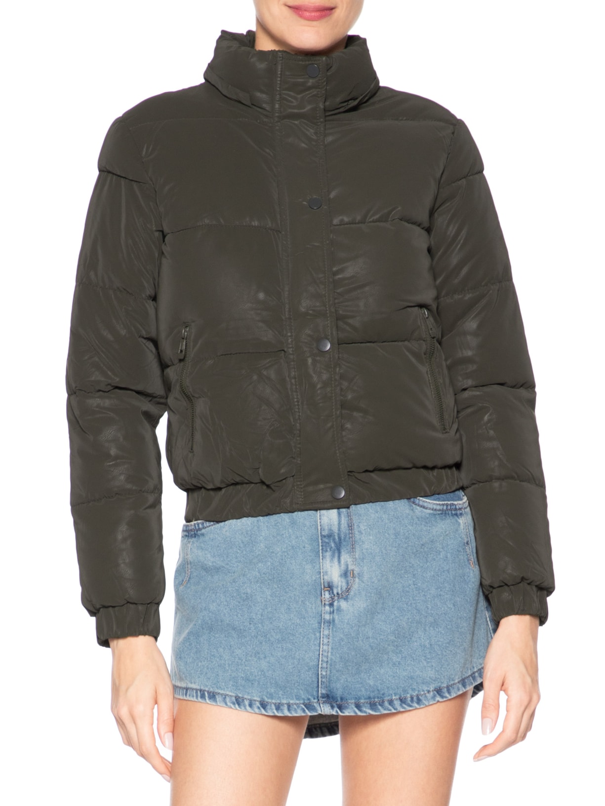 Jaqueta Puffer Feminina Com Capuz Removível Verde Market 33