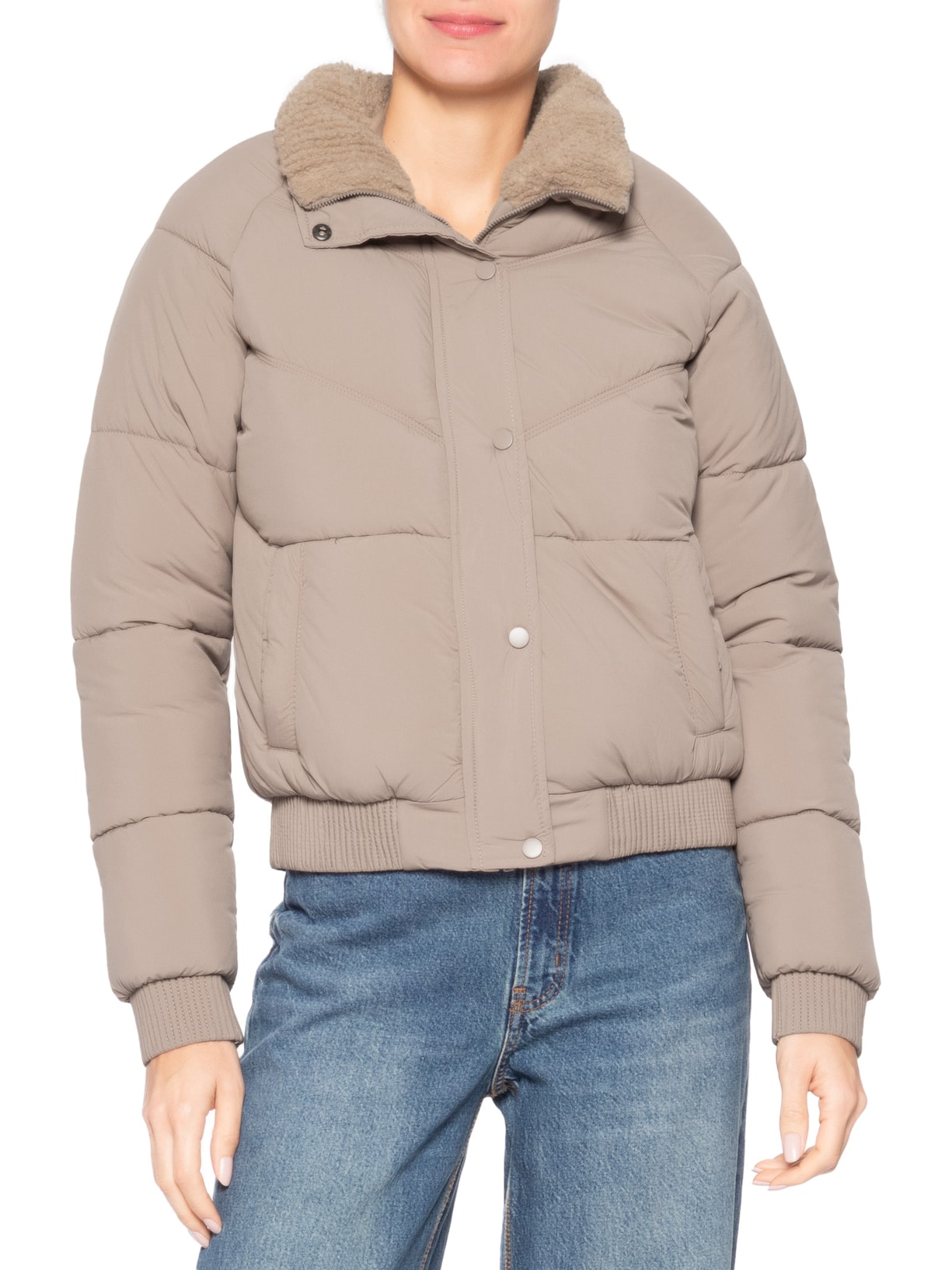 Jaqueta Puffer Feminina Com Forro Peluciado Bege Market 33