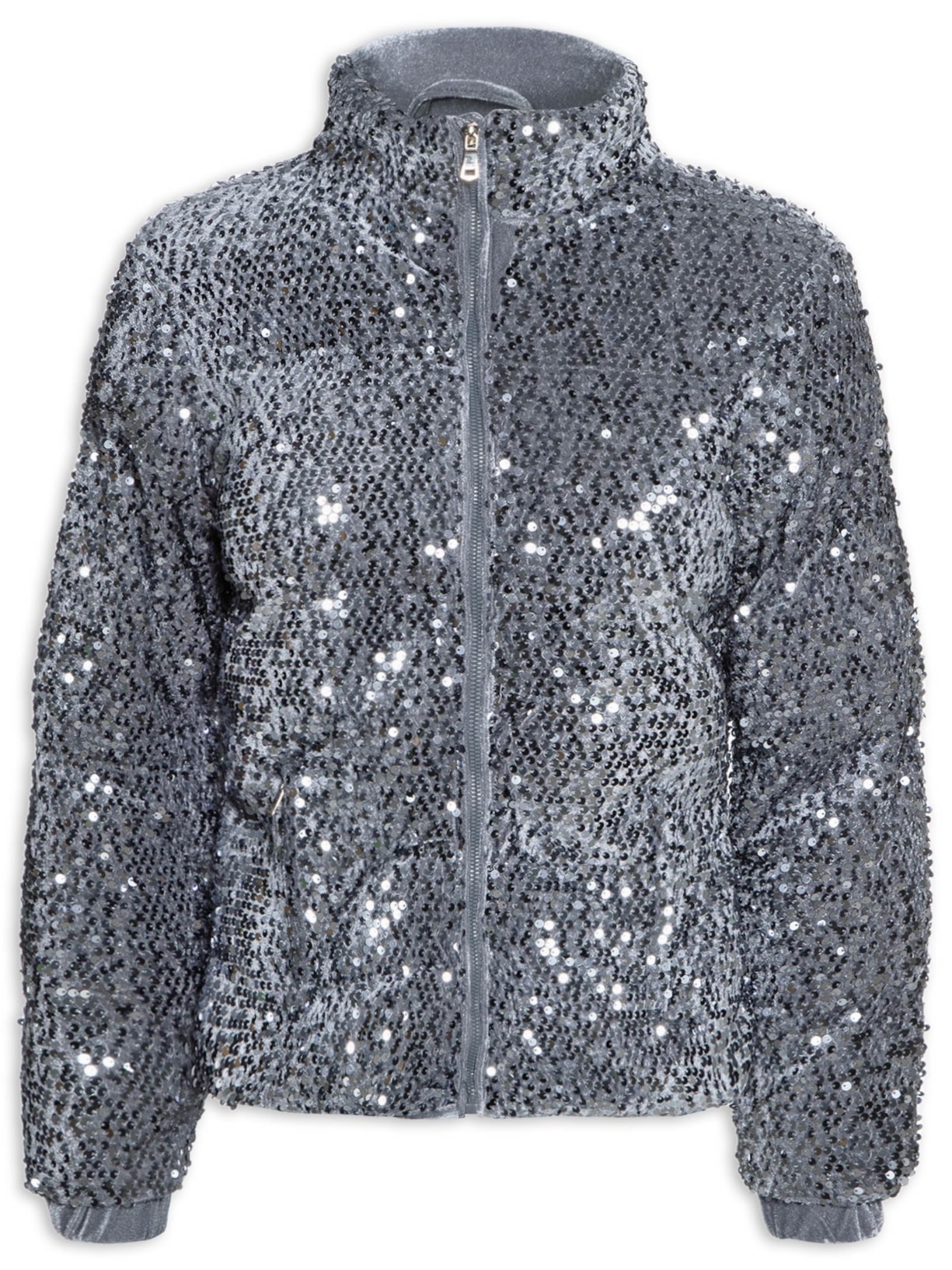Jaqueta Puffer Feminina Com Paetê Azul Market 33