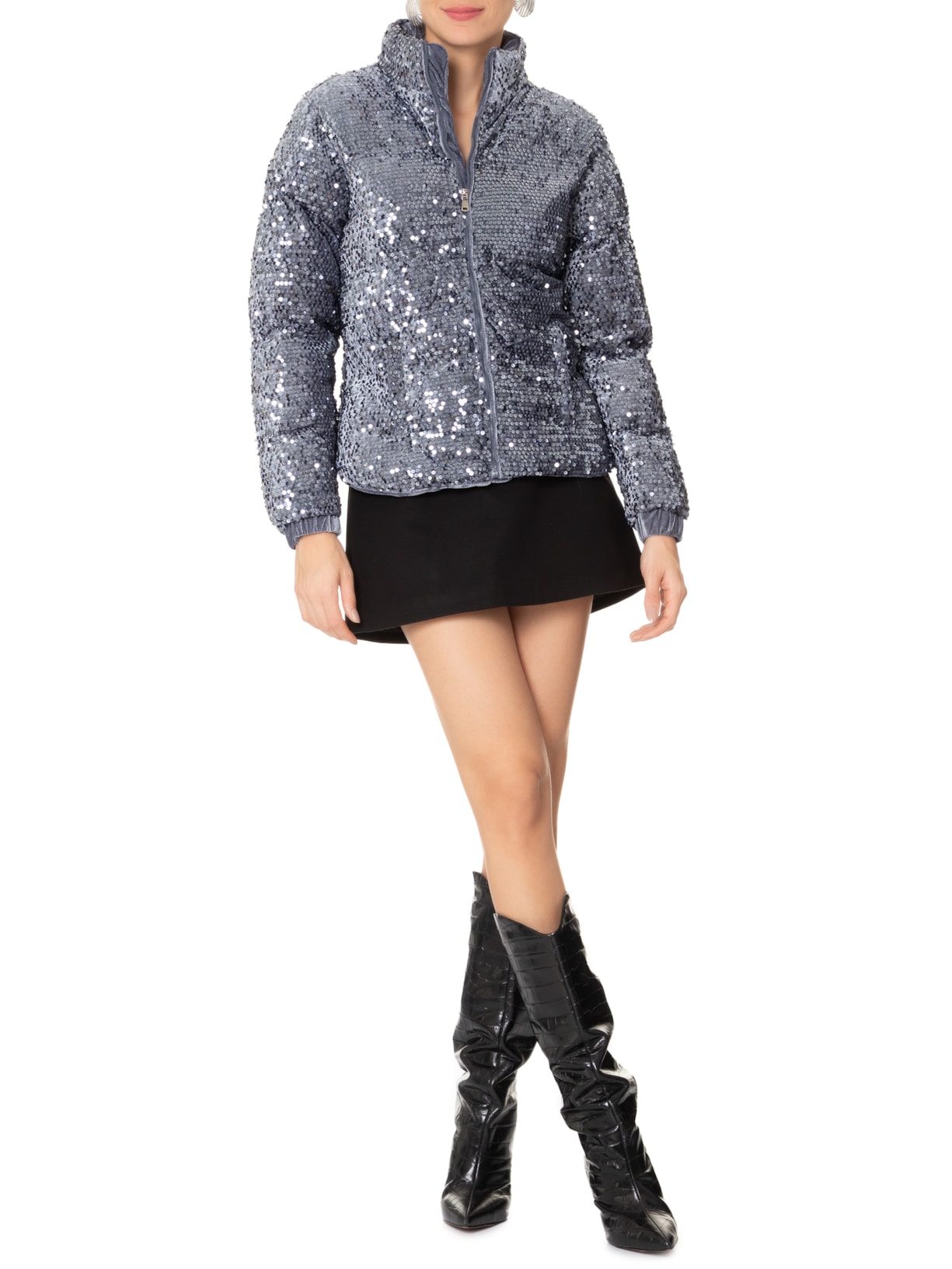 Jaqueta Puffer Feminina Com Paetê Azul Market 33
