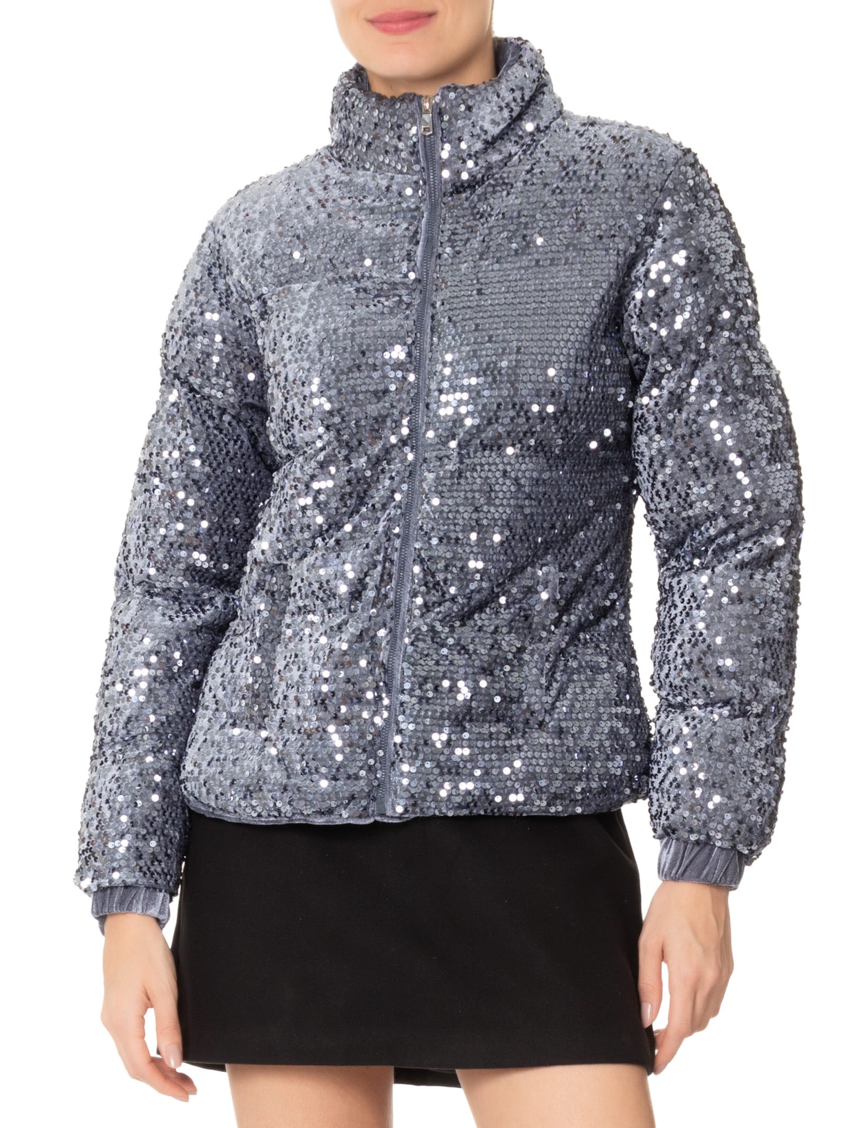 Jaqueta Puffer Feminina Com Paetê Azul Market 33