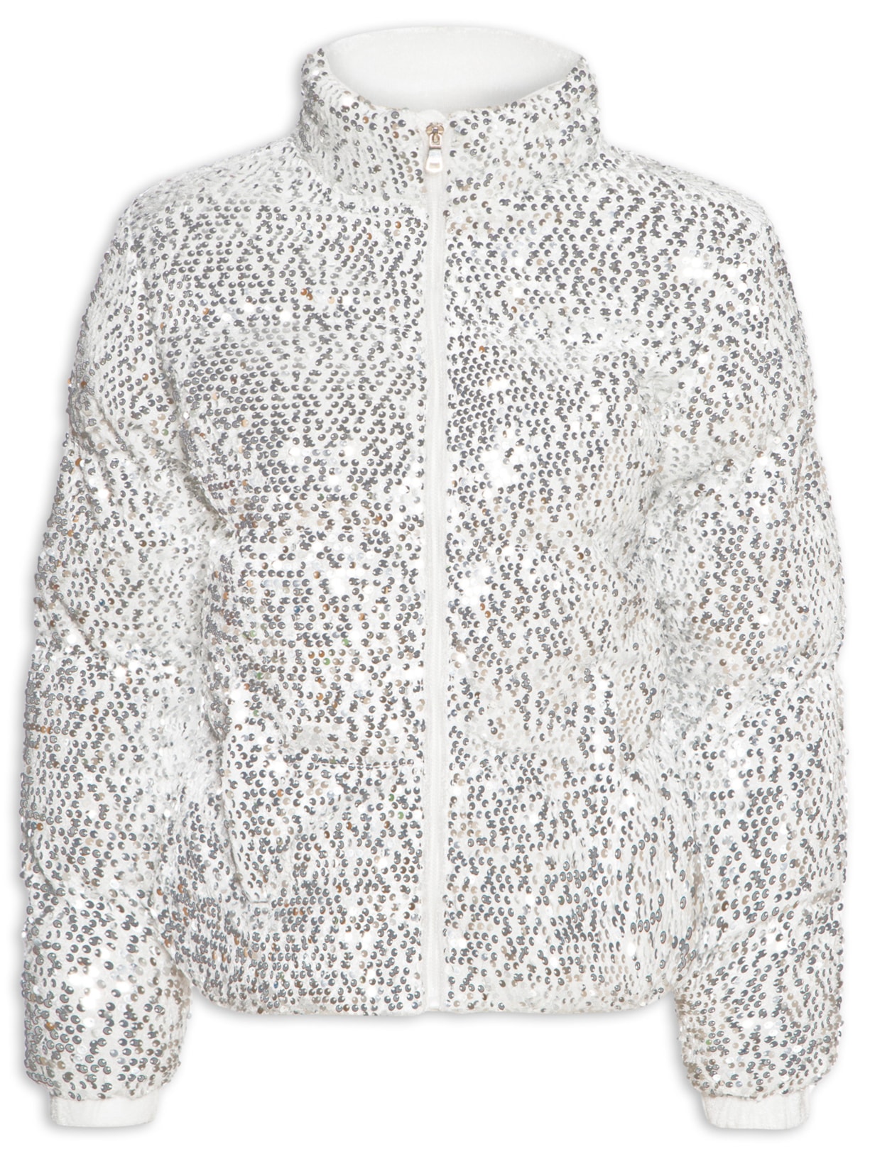 Jaqueta Puffer Feminina Com Paetê - Off White