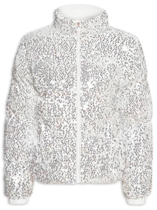 Jaqueta Puffer Feminina Com Paetê - Off White