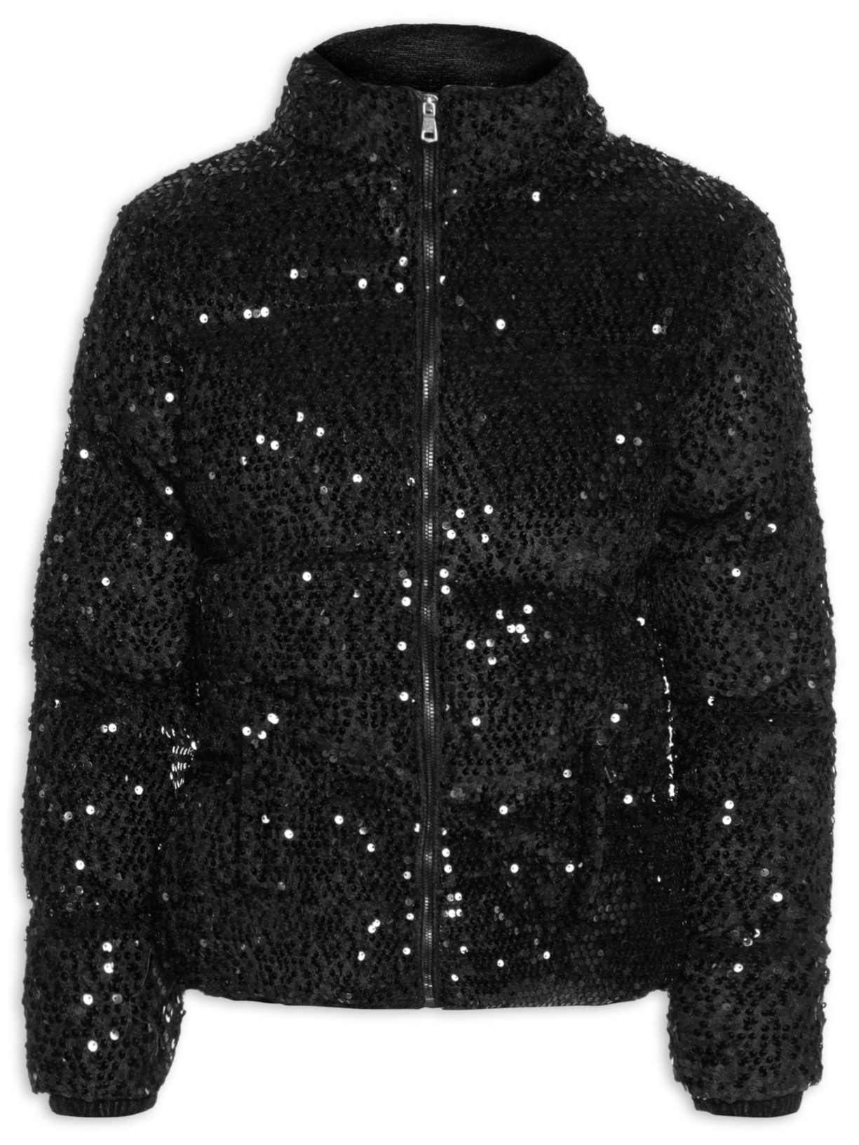 Jaqueta Puffer Feminina Com Paetê - Preto