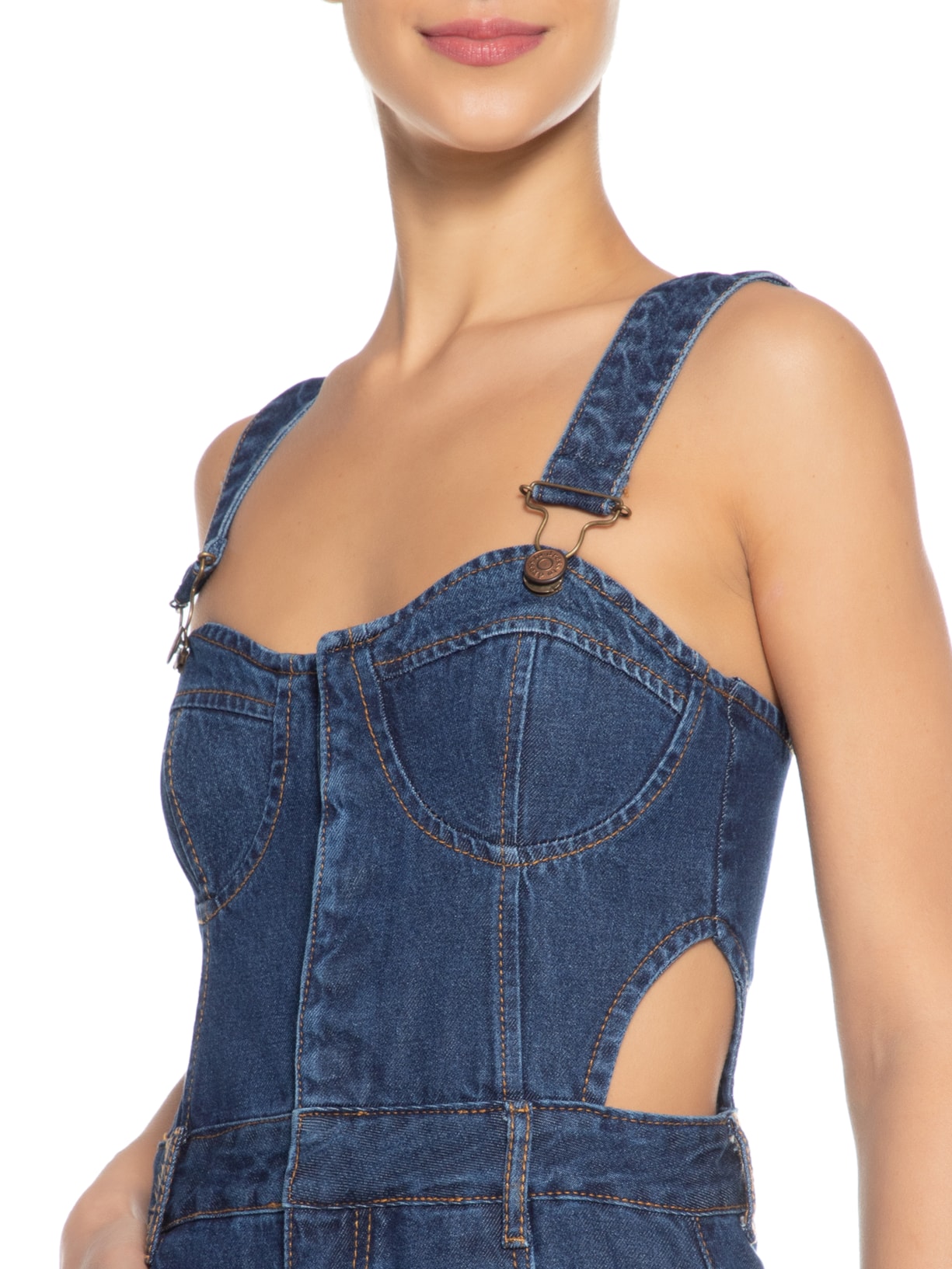 Jardineira Feminina Jeans Busto Marcado Azul Dress To
